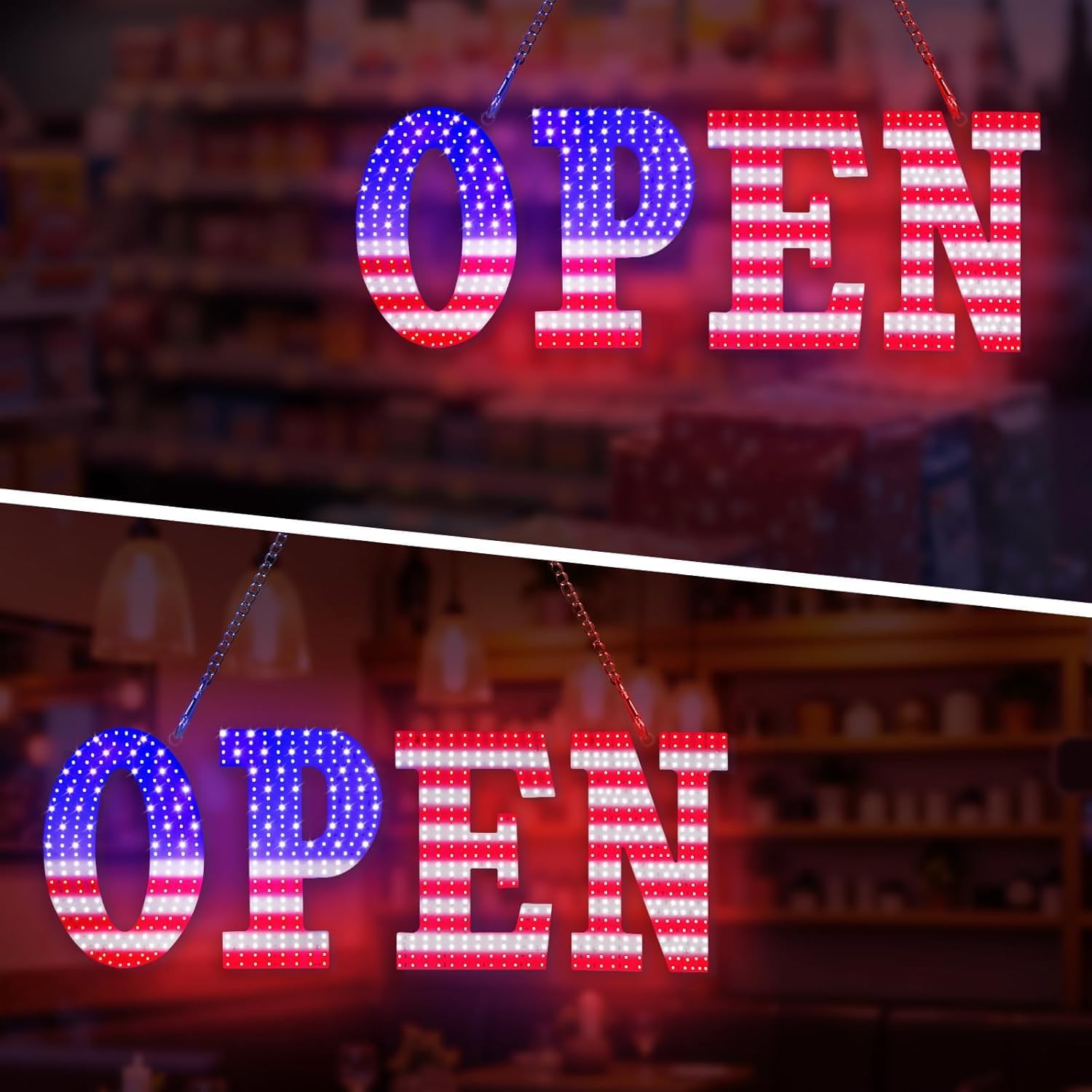 Large LED Open Sign for Business - Unique Design super Bright Open Signs With chain - High Visibility for Stores, Bar, Hotel, Retail Shops,Window, Salon, Restaurant, Office (American Flag, 30 "x 10")