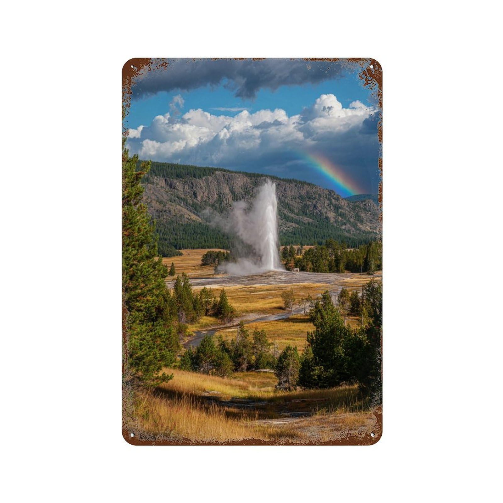Rusty Metal Tin Sign Yellowstone Geyser Rainbow Landscape 11.8"x7.9", Vintage Wall Decor for Shed, Workshop And Garage Wall Decor