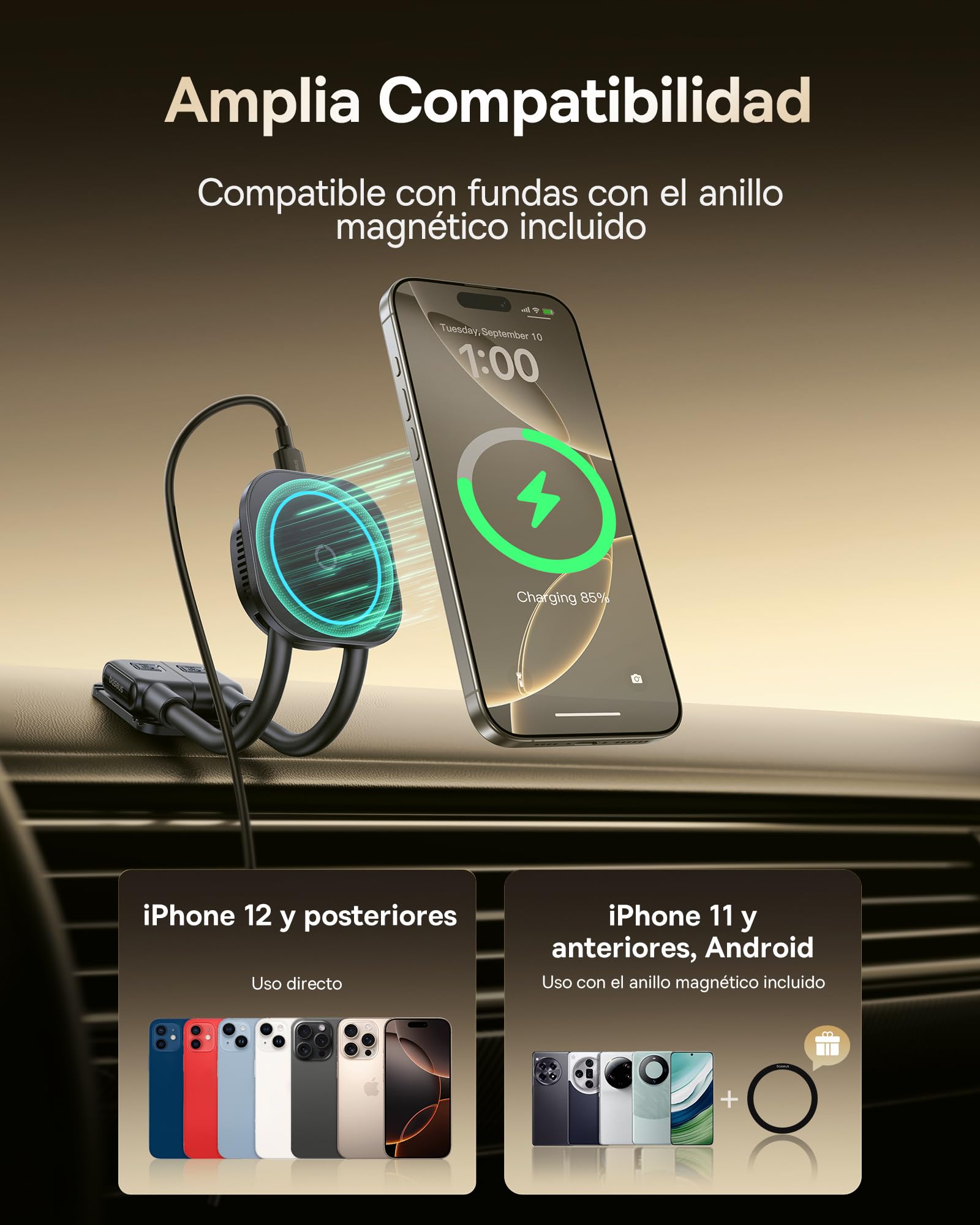 Baseus 15W C03s Pro Cargador Inalambrico Coche con MagSafe, Carga Rápida Soporte Teléfono Coche Magnético, Soporte Móvil Coche Universal, Compatible con iPhone, Samsung, Smartphone