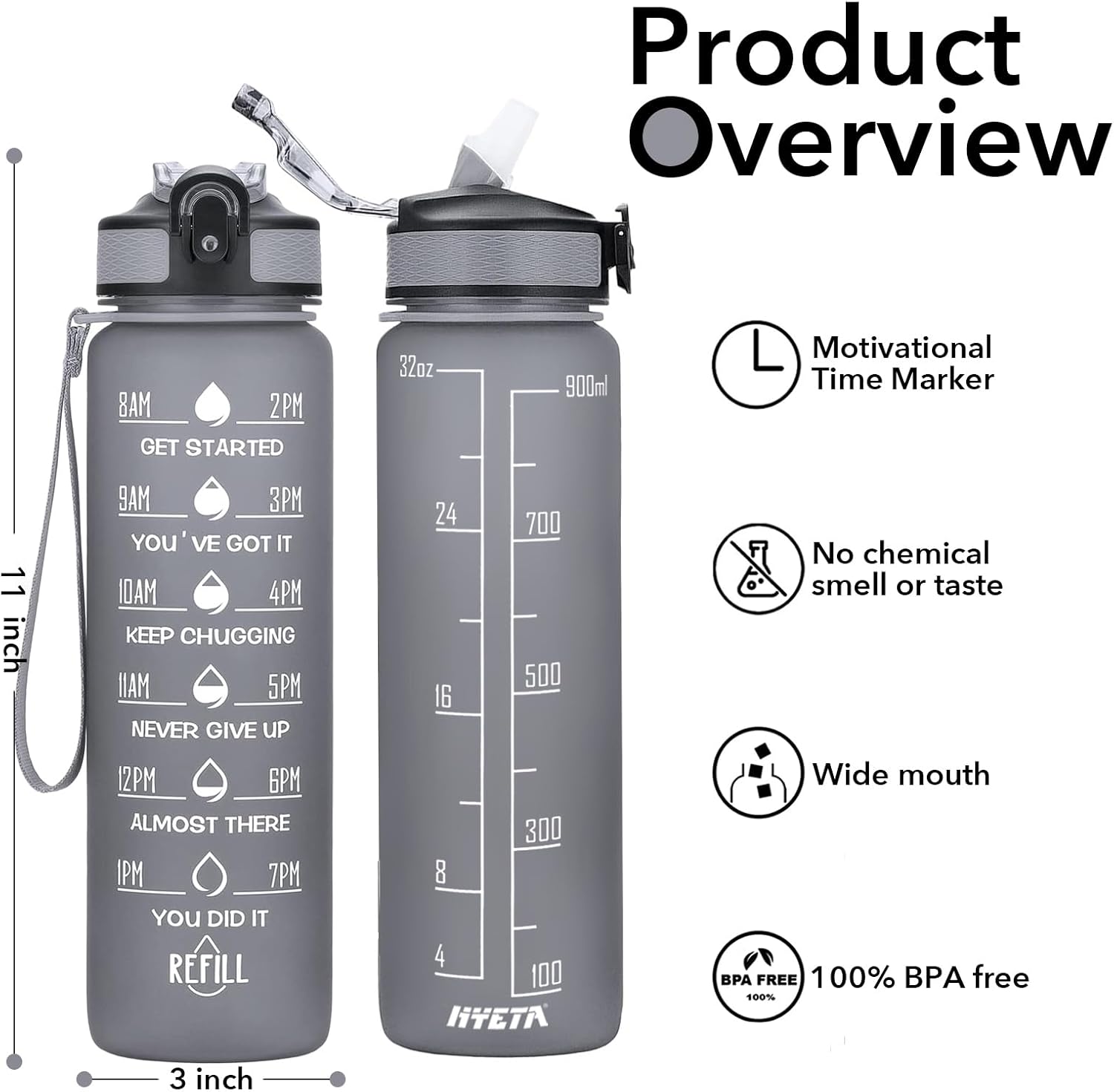 Hyeta 32 oz Water Bottles with Times to Drink and Straw, Motivational Water Bottle with Time Marker, Leakproof, Drinking Sports Water Bottle for Fitness, Gym and Outdoor Grey Matte image 2 of 5 B09QSB8QZV