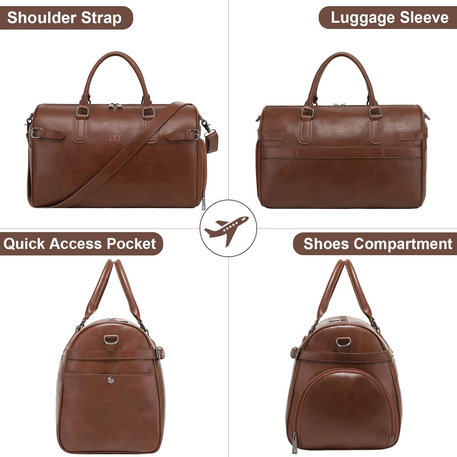 Vegan Leather Duffle Bag, LXY Travel Duffle Weekender Bag with Shoe Compartment, Duffel Overnight Gym Bags for Women Men Brown - Image 6