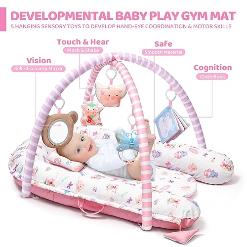 Miniatura 2 de Tapete de juego rosa para bebé, 7 en 1, tapete de gimnasio infantil para desarrollo sensorial y motor, lavable y portátil, tapete de actividad para