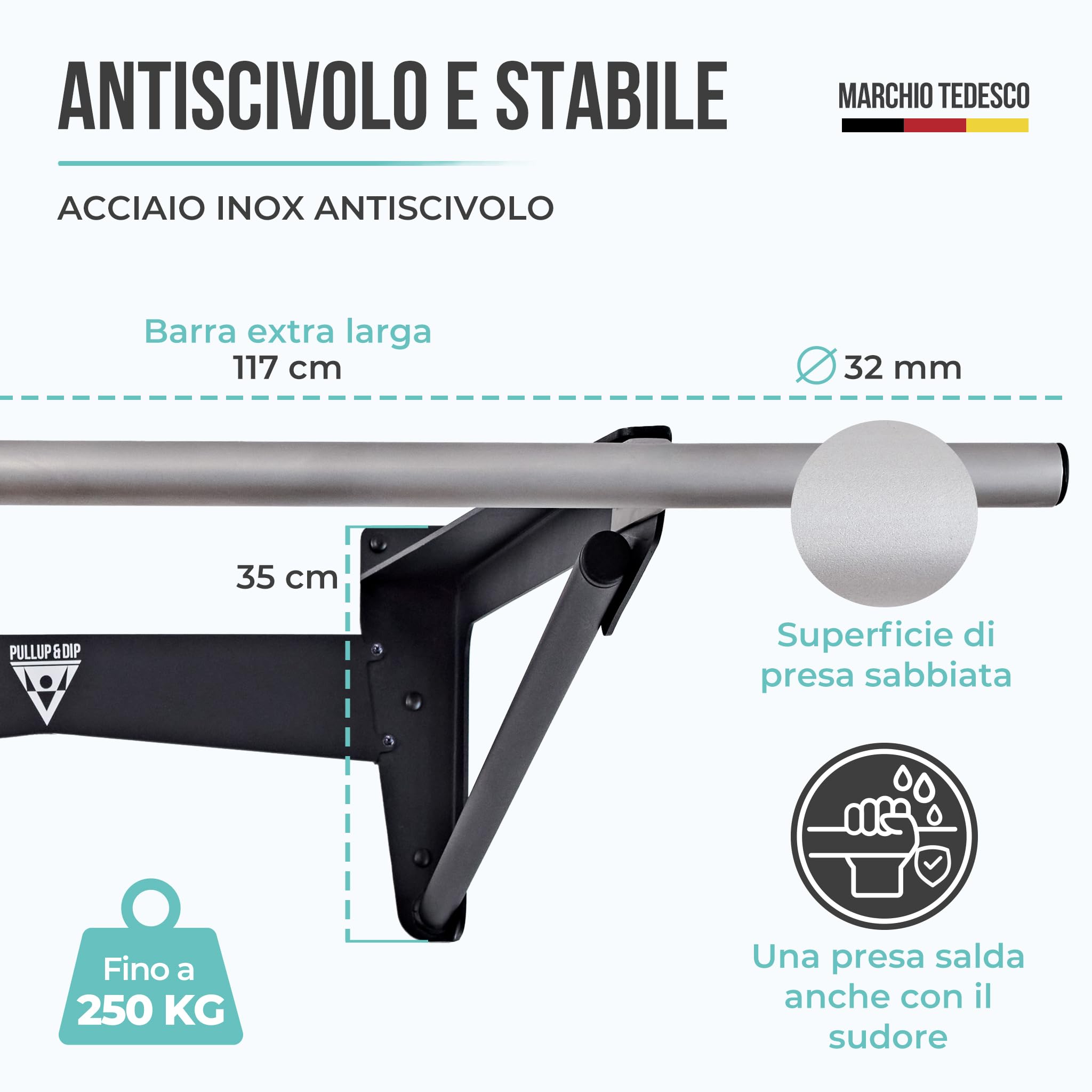 PULLUP & DIP - Barra Muscle Up da Parete per Esterni e Interni | Calisthenics | Barra Trazioni in Acciaio Inox Resistente alle Intemperie per Front Lever, Back Lever & Home Gym