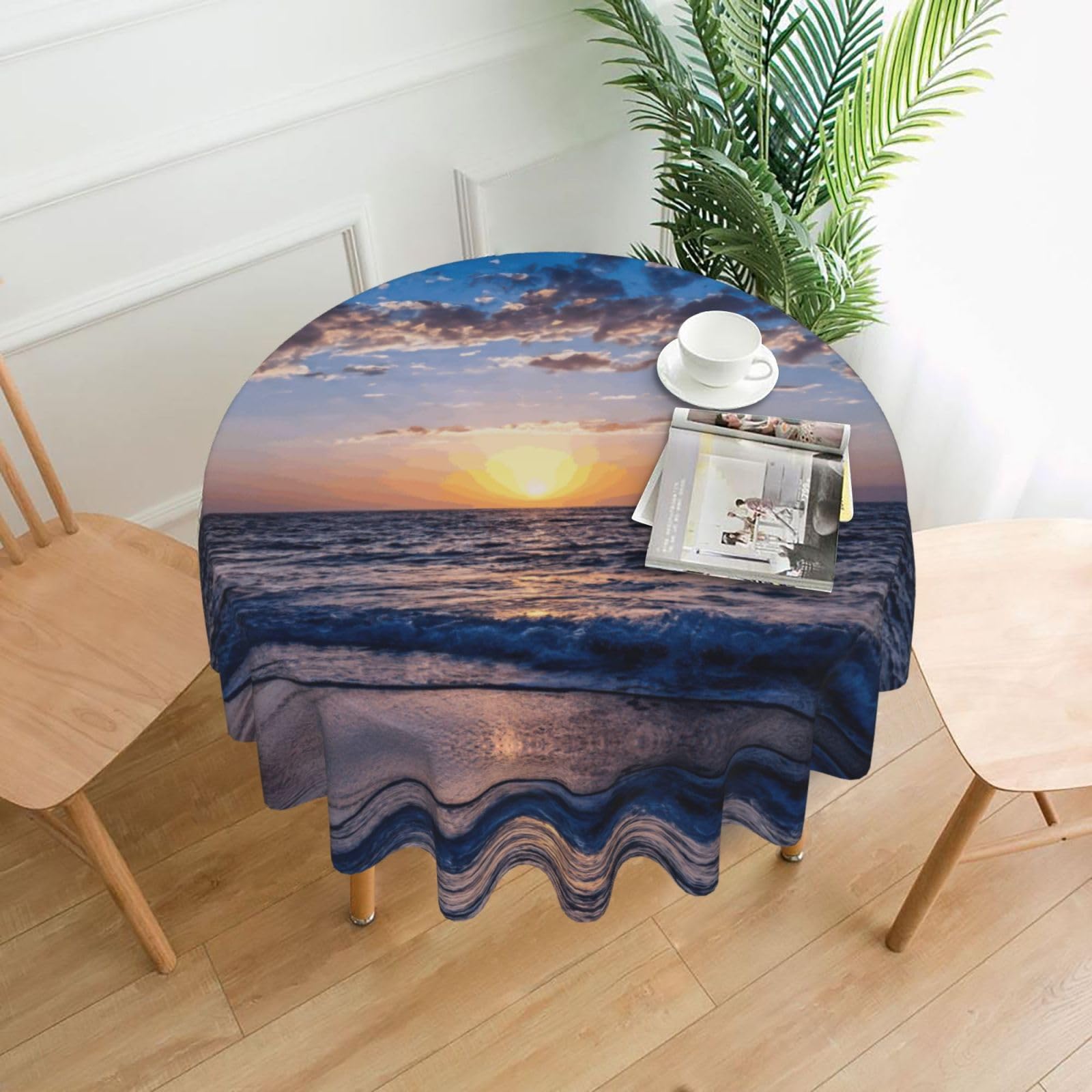 Zcmkjlg blue Ocean Print Quick Ship Round Tablecloth 60in Polyester Washable Cover for Dining Room