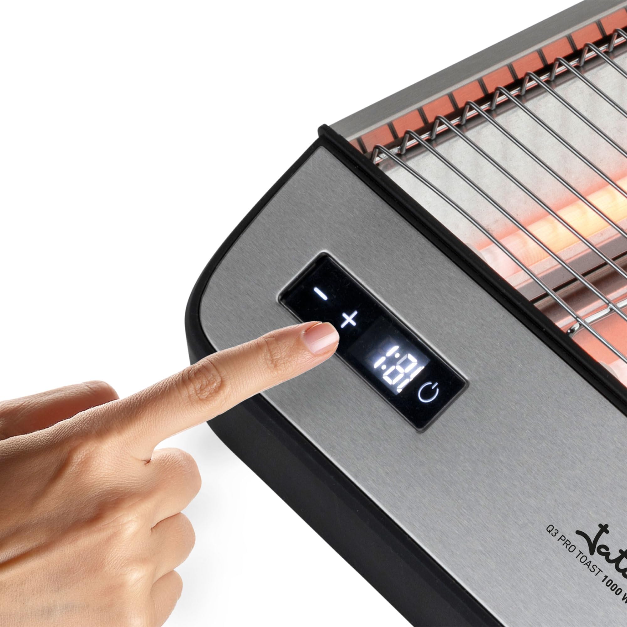JATA JETT1590 - Tostadora Horizontal Digital, Tostador de Pan 1000W con Control Táctil, 6 Niveles de Tostado, Barras de Cuarzo, Bandeja Recogemigas Extraíble, Ideal para Pan, Bollería y Repostería