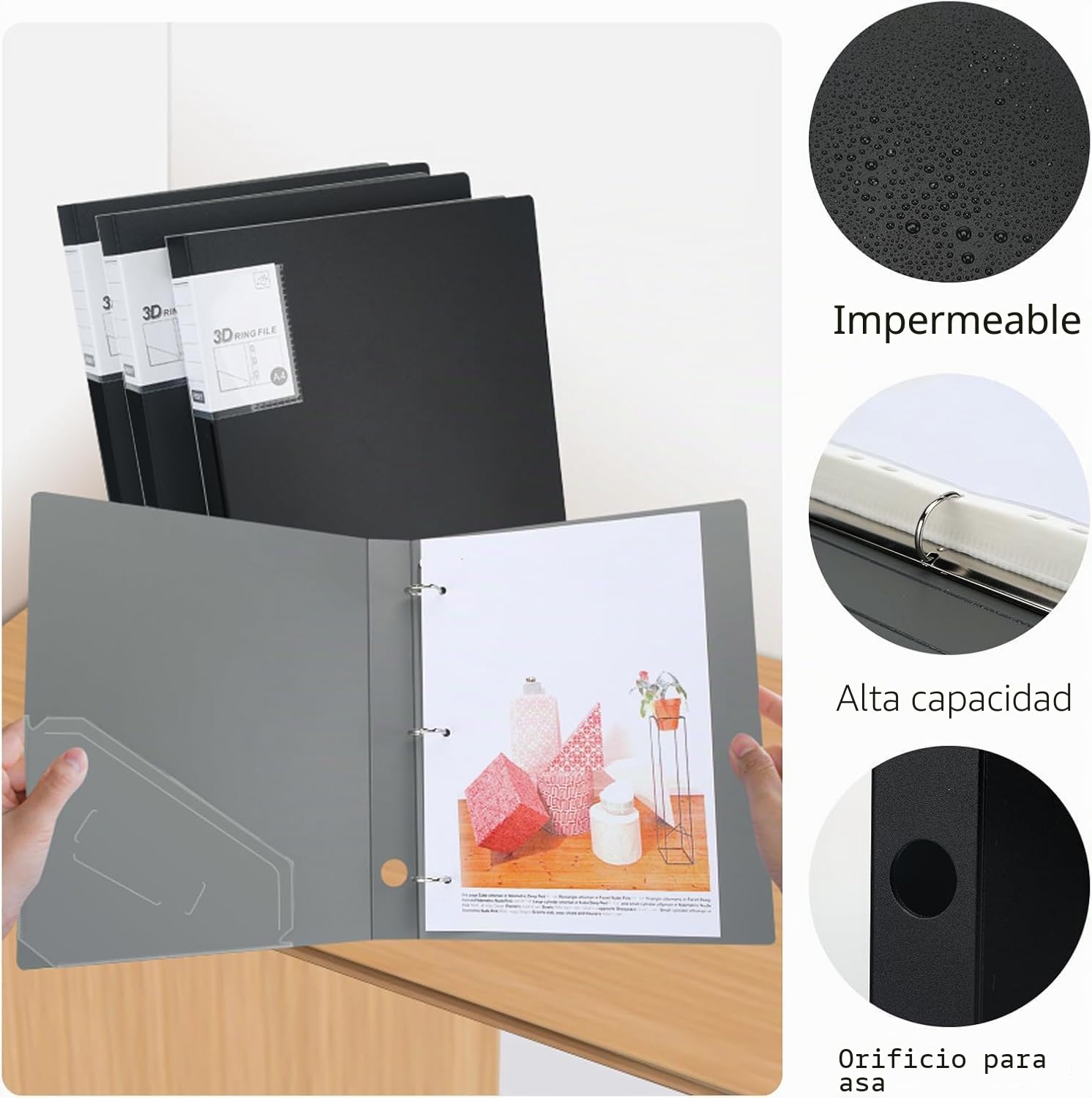 Archivador A4,4 Piezas Archivador 3 Anillas,Ring Binder,Negro | Archivadores,Lomo 35 mm,3D-Ring Binder A4