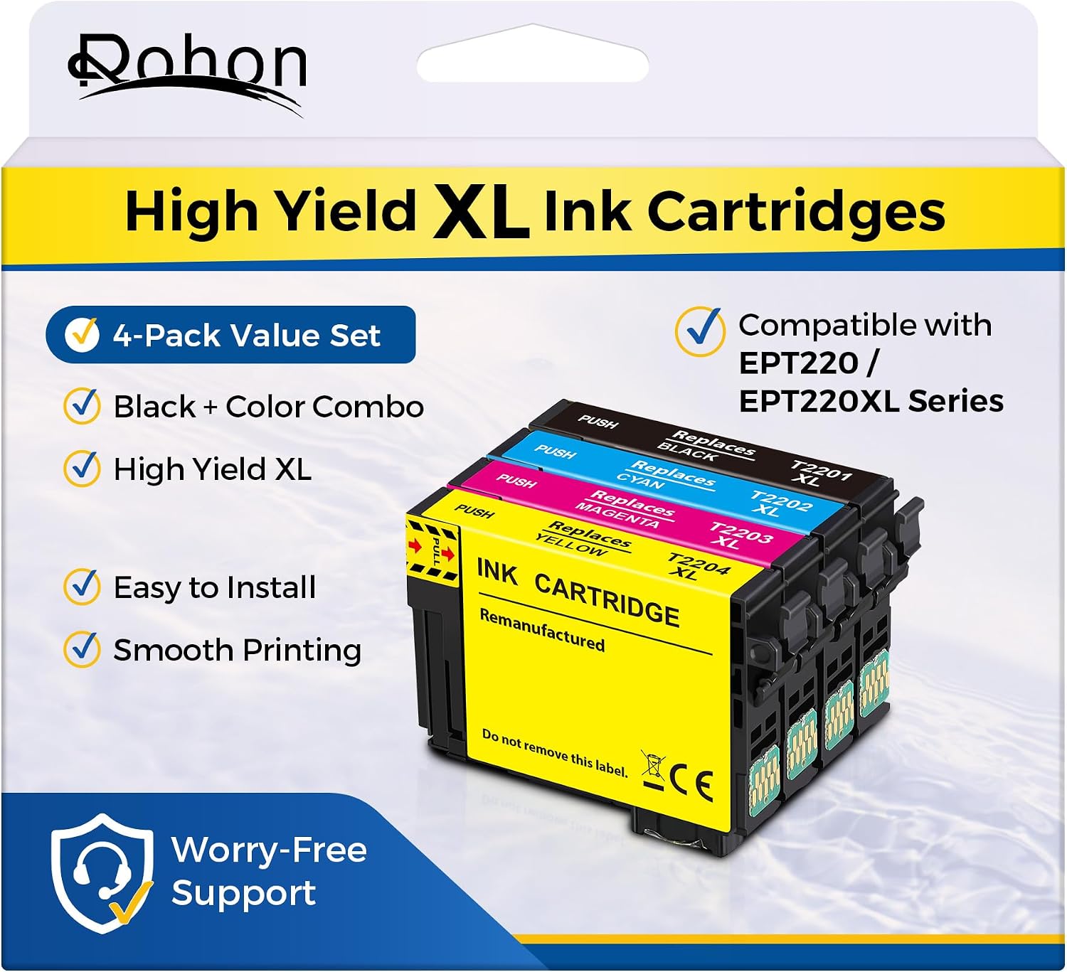 Compatible for EPT220XL High Yield Remanufactured Ink Cartridges, Compatible Replacement for WF-2760 WF-2750 WF-2660 WF-2650 WF-2630 XP-424 XP-420 XP-320 Printers, Black Cyan Magenta Yellow, 4-Pack