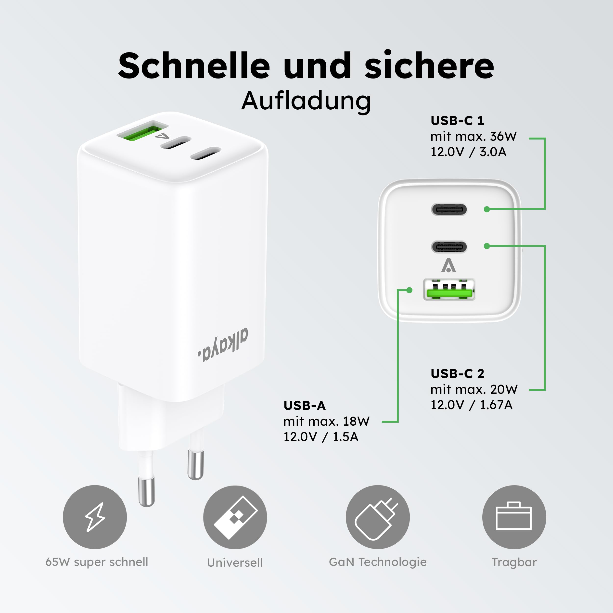 USB-C+C+A, caricabatterie rapido Apple, Samsung, Xiaomi, Huawei, Sony, Google spina di ricarica a 3 porte, colore bianco