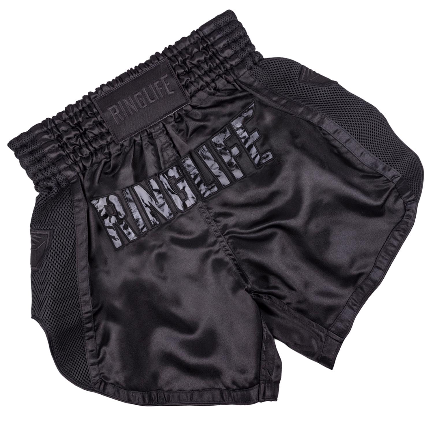 Muay Thai Shorts, Pulse, Schwarz-schwarz, Kickboxhose für Training & Wettkampf, Thaibox Shorts Satin, Atmungsaktiv, Langlebig, Kampfsporthose für MMA, K1, Boxen, Thai Boxen