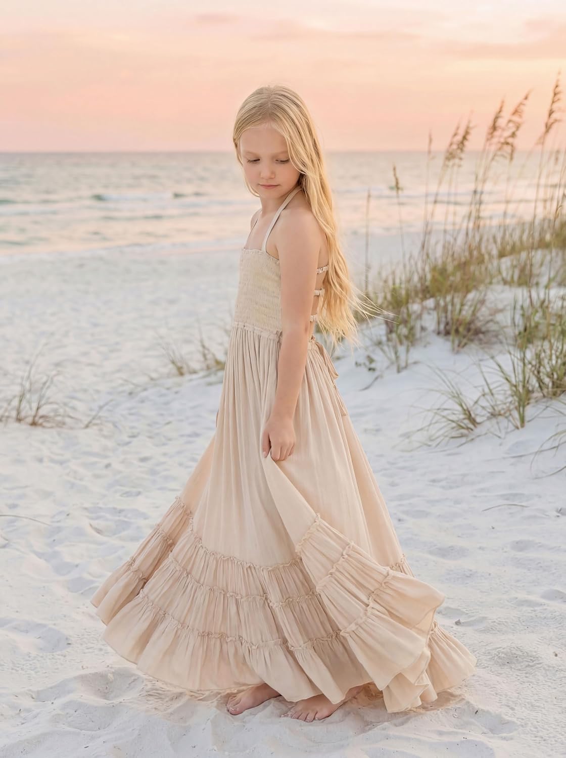 Boho Girls Summer Dress Halter Sleeveless Smocked Flowy Ruffle Flower Girl Maxi Tiered Dress Beach Wedding Holiday
