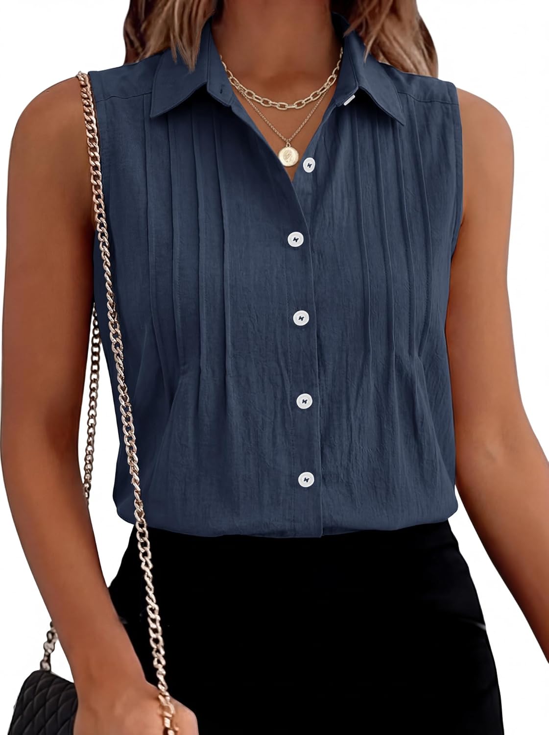 LOMON Women’s Summer Sleeveless Button Down Shirt Office Collared Blouses with Pleated Front Casual Basic Tank Tops - Image 2