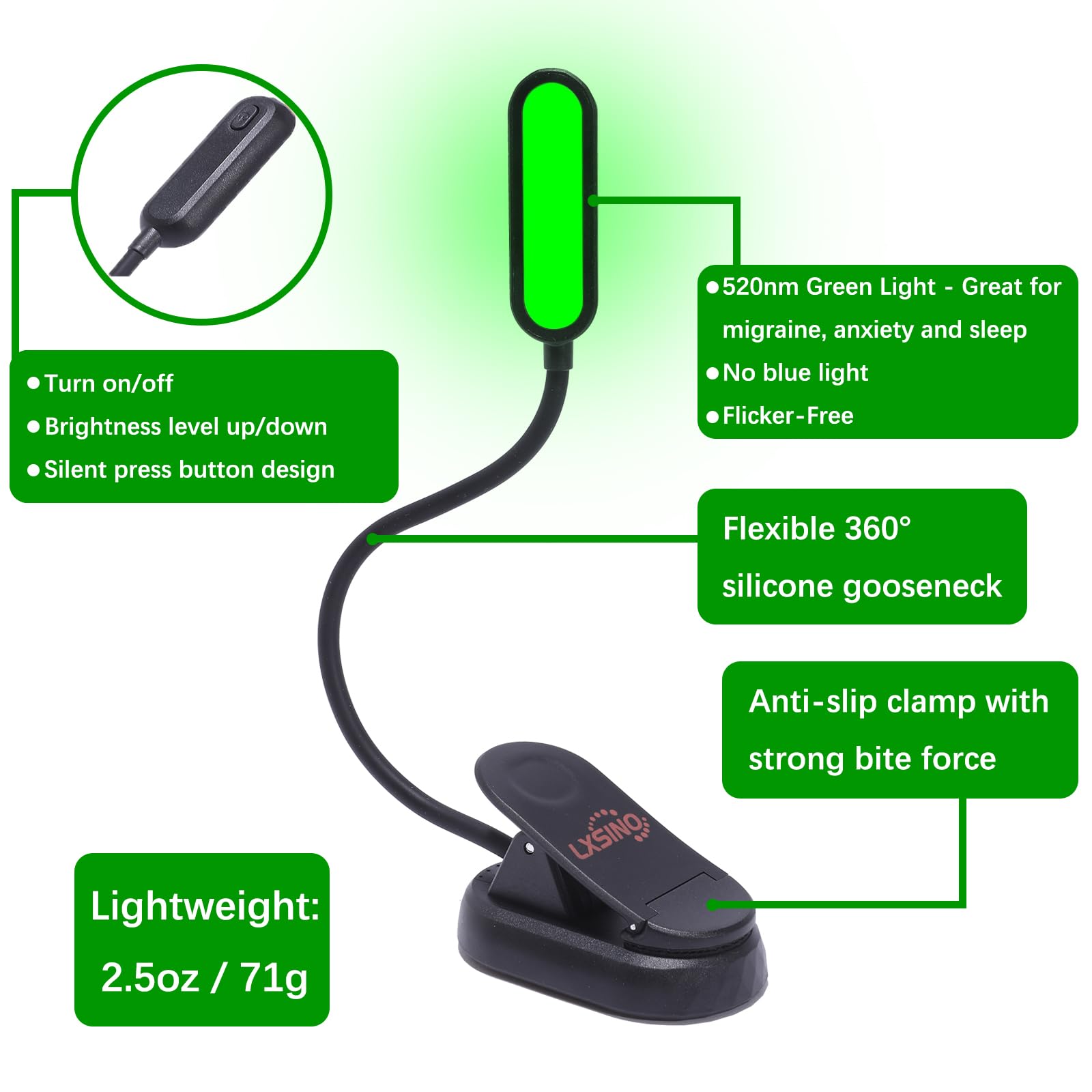 LXSINO Green Reading Light, Green (520nm) Clip-On Book Light for Migraine, Anxiety & Insomnia Relief, Flicker-Free, 30+ Hours Long Lasting