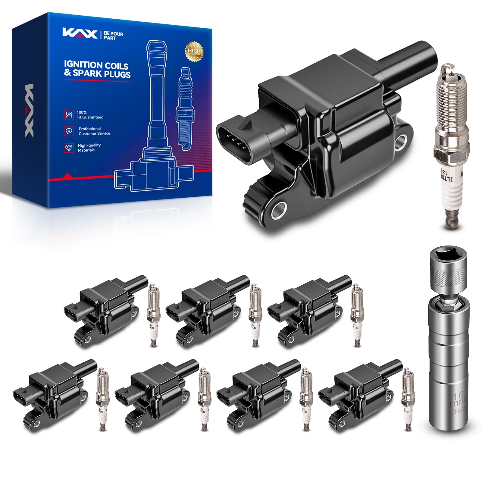 KAX 8-Pack Ignition Coil Pack & Iridium Spark Plugs Kit w/Magnetic Socket for Chevy Silverado,Tahoe, Camaro, Suburban, Corvette & GMC Sierra, Yukon &
