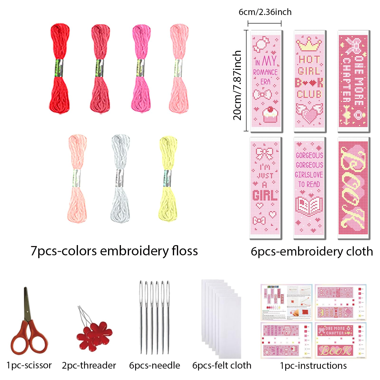 FREEBLOSS 6 Set Pink Cross Stitch Bookmark Kits Heart Pattern Stamped Cross Stitch Kit DIY Embroidery Kit Bookmark Craft Kit with Instructions for Beginners 6x20cm
