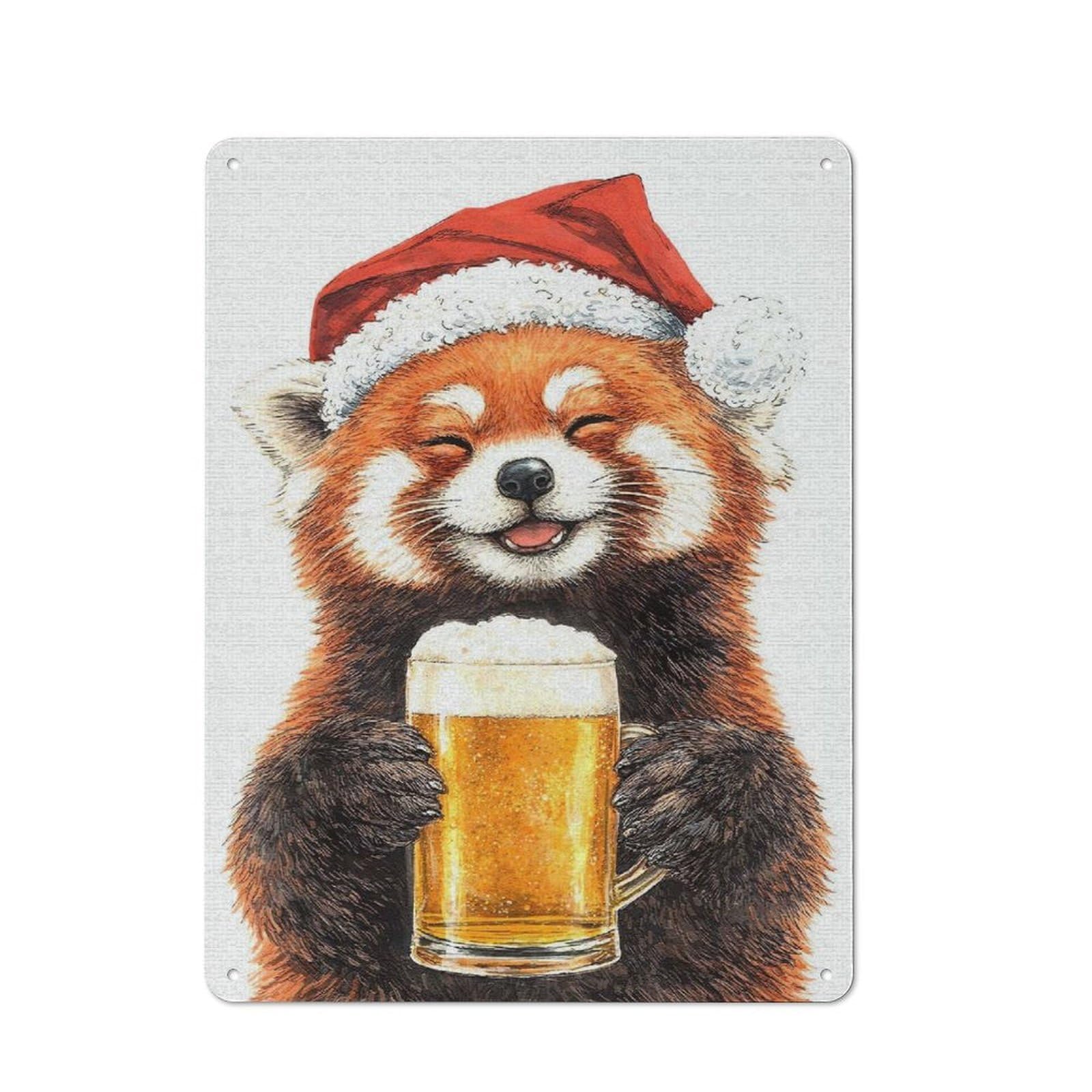 Junmoney Style-20 Red Panda In Santa Hat With Beer Retro Metal Sign 40X30cm For Garage Or Workshop, With Clear Retro Wall Decor Character