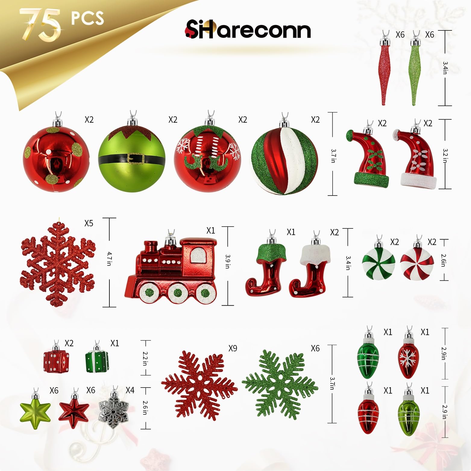 Shareconn 75 pcs Christmas Ball Set - Ornements en Plastique pour la décoration du Sapin, Les fêtes de Fin d'année et Les Mariages - Rouge, Vert et Blanc