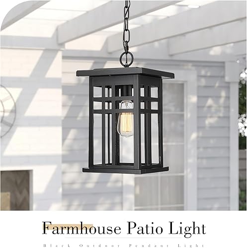 Miniatura 3 de zeyu 20068H-L BK - Lámpara colgante de techo exterior de 14.7 pulgadas para porche, aluminio fundido a presión en pantalla de vidrio transparente,