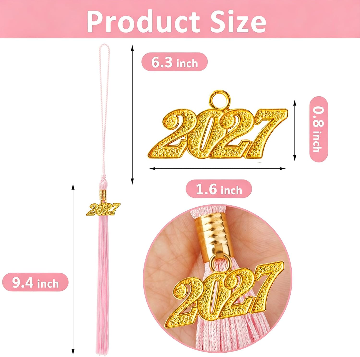 Graduation Tassel 2027, Graduation Tassel Pink 2027 Grad Cap Tassels for Graduate Cap Hat Decorations with 2027 Year Gold Charm for Graduations Ceremonies Accessories