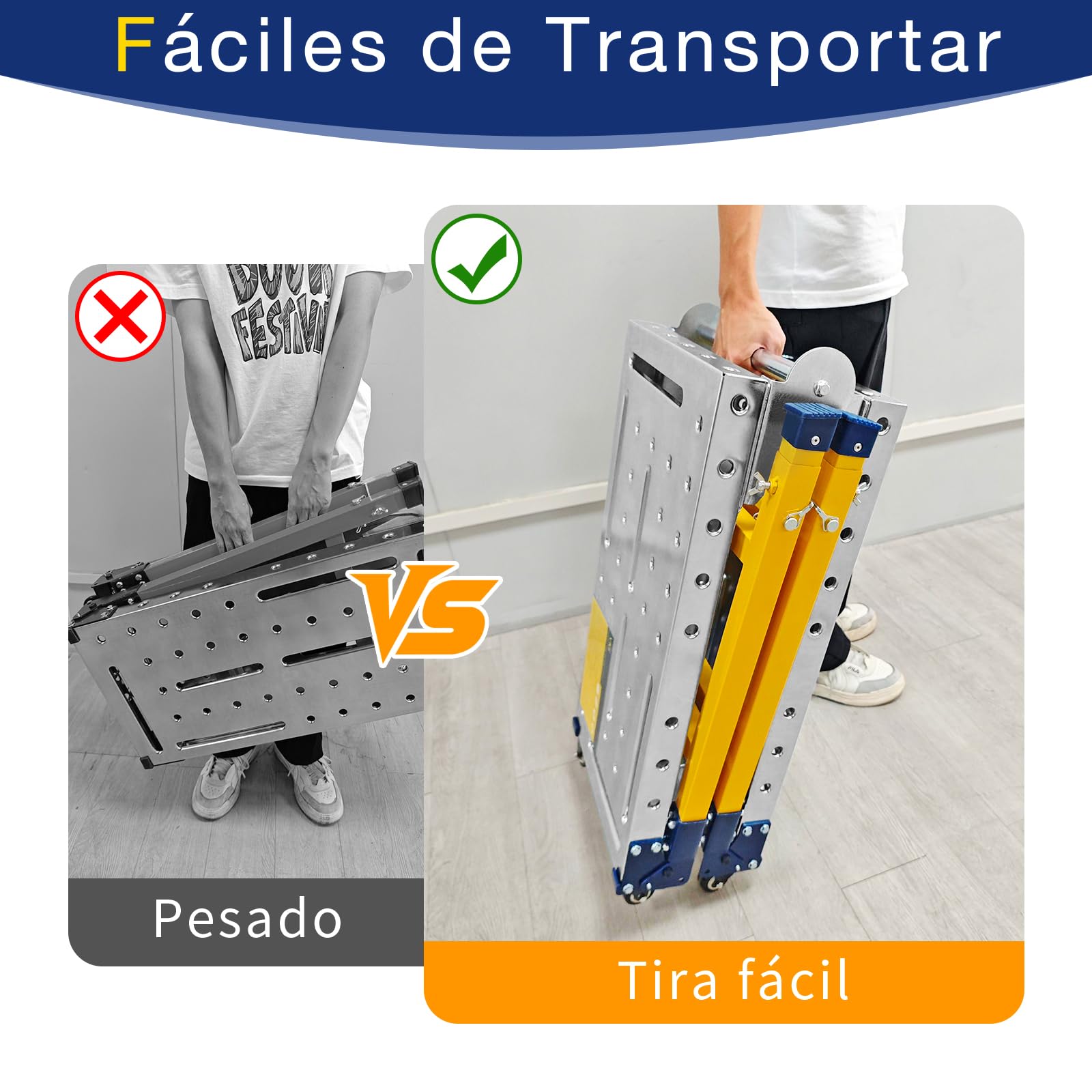 VKE Plataforma de Trabajo 140 × 36 × 110 CM de Chapa Galvanizada, 500 KG de Capacidad de Carga, Andamio Portátil, Escalera Andamio Plegable con 4 Ruedas Universales, Regulable en Altura