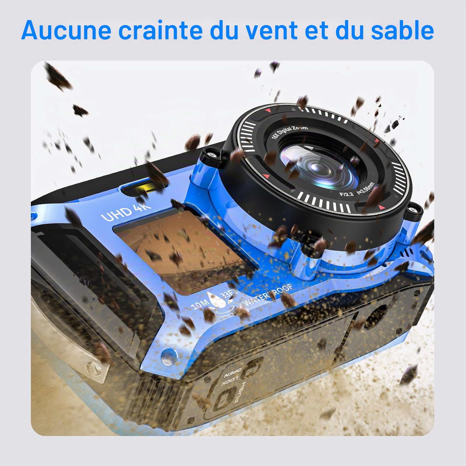 Appareil photo numérique 4K 64 MP UHD sous-marin étanche 33FT avec carte 32 Go double écran flottant compact
