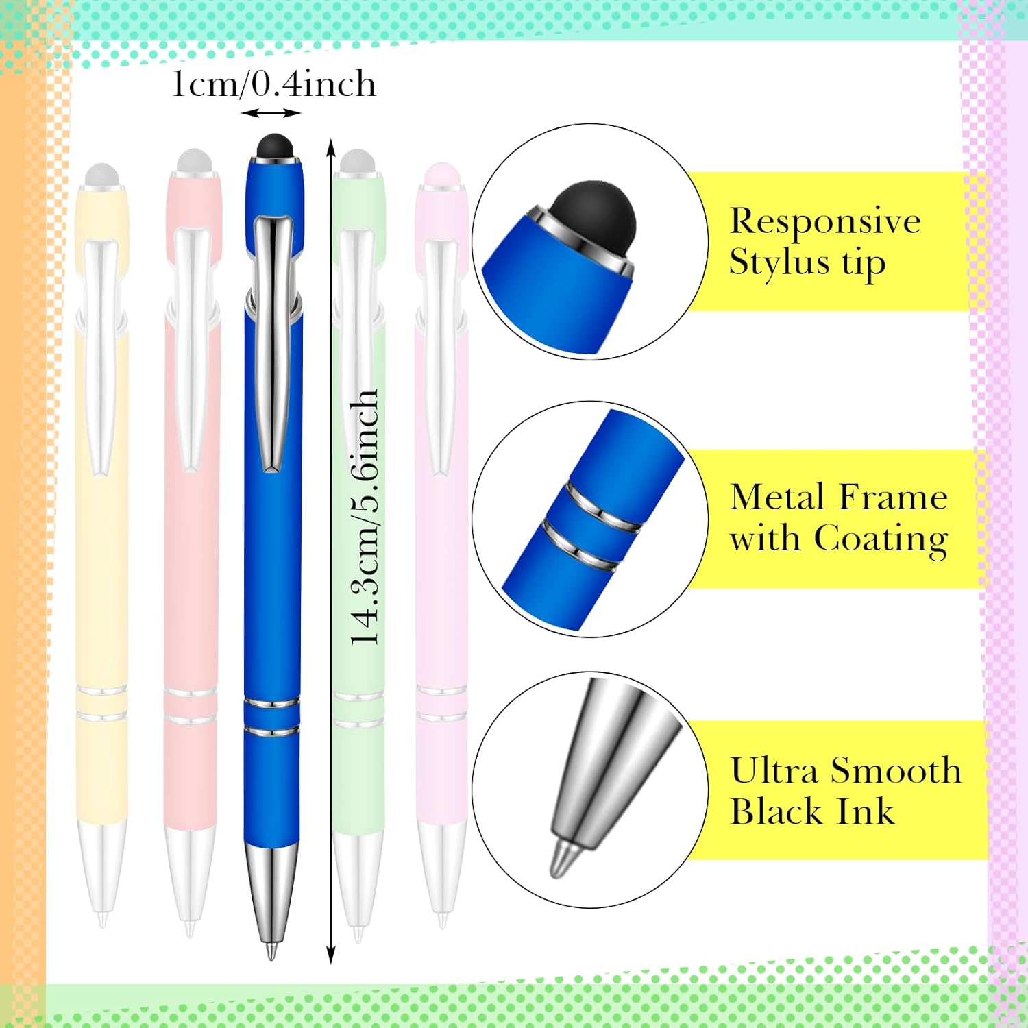 Zonon 38 Pieces Rubberized Ballpoint Pen with Stylus Tip Stylish Metal Pen Capacitive Stylus with Soft Rubberized Grip, Black Ink for Most Devices (Candy Colors)