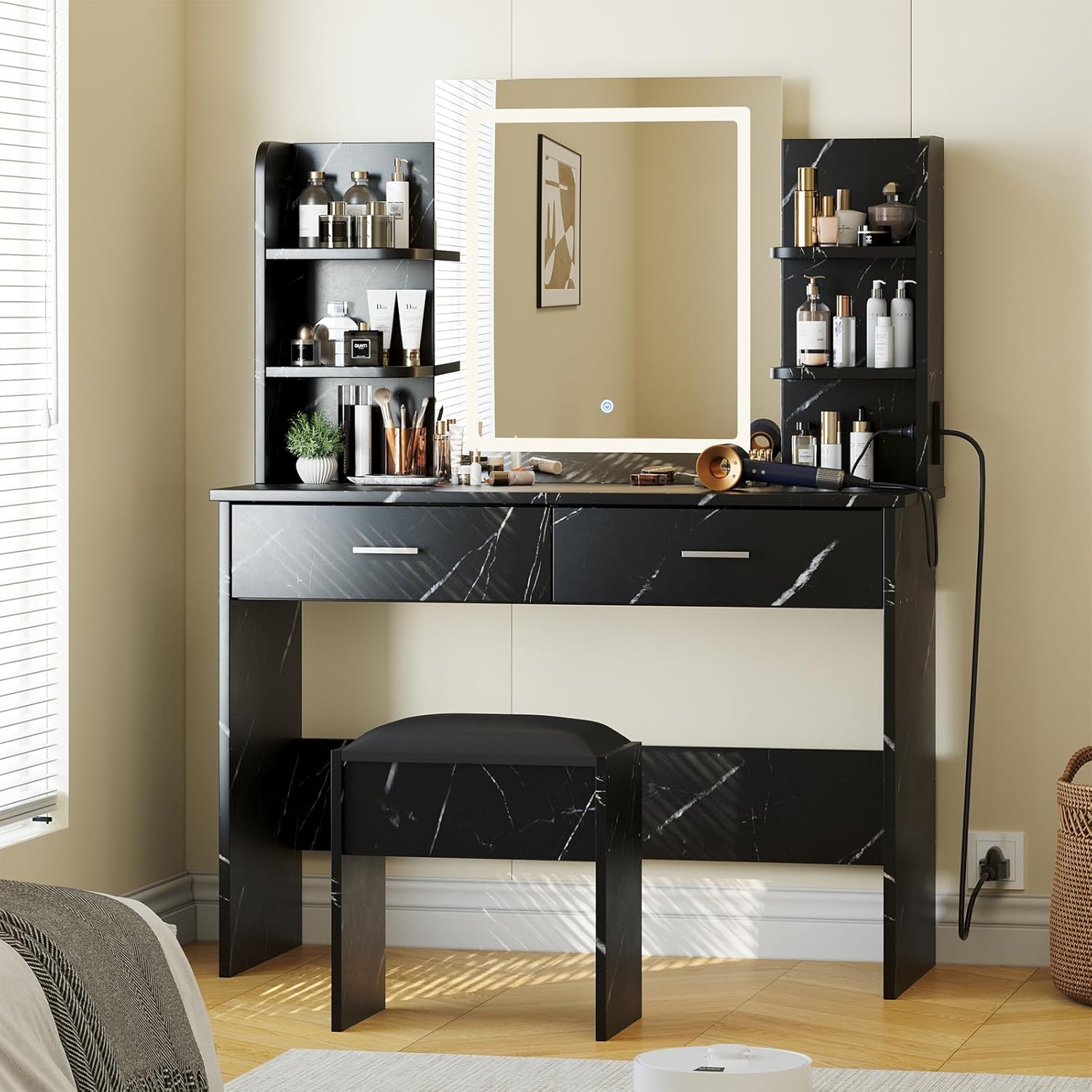 Vanity Desk with Lighted Mirror and Power Outlet - Makeup Vanity Table Set with 2 Drawers and Cabinets, Large Storage Shelves, 3 Lighting Modes Adjustable, Modern Bedroom Dressin - Marble White