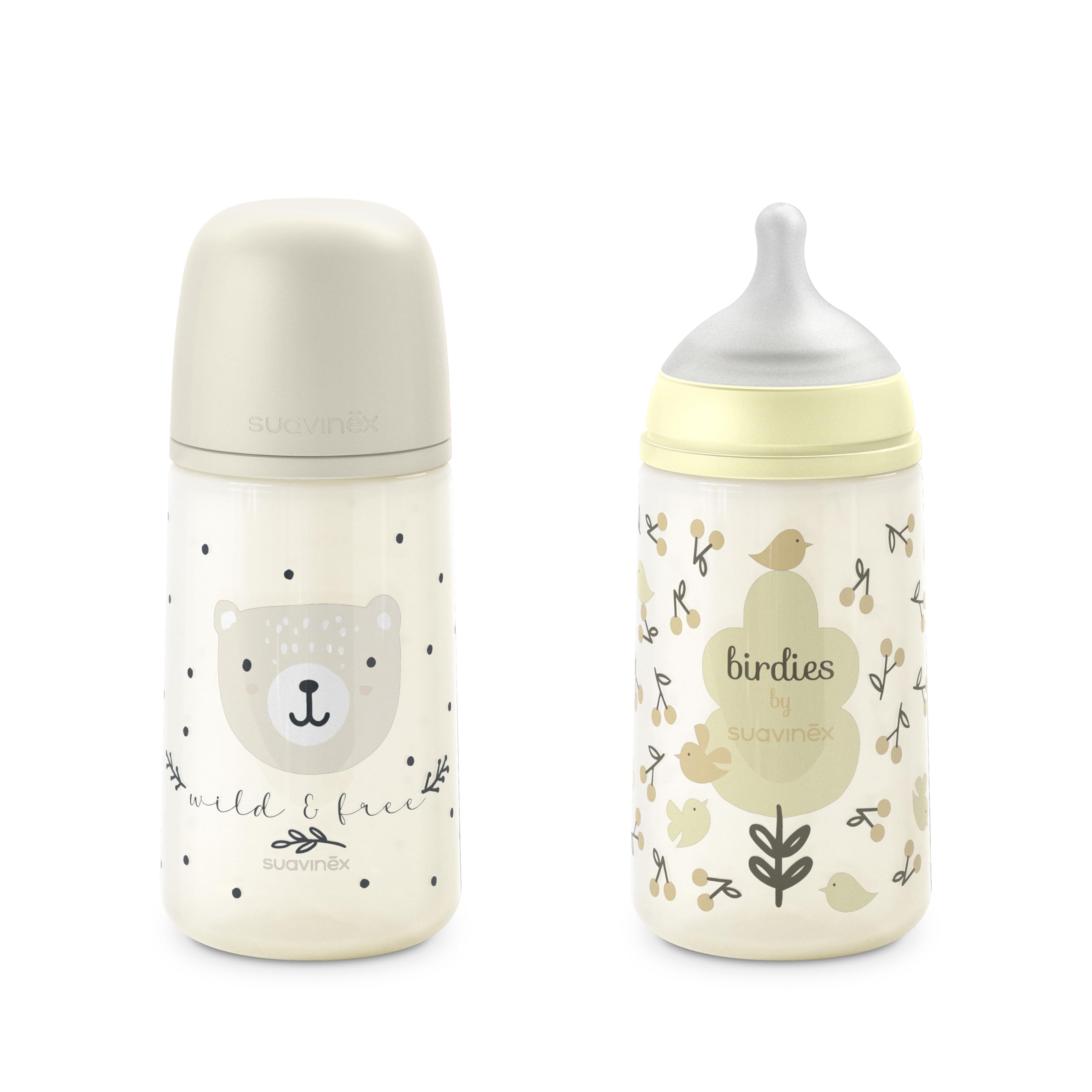 Suavinex, Confezione 2 Biberon da 270 ml, Tettarella Simmetrica SX Pro in Silicone con Valvola Anticolica, Flusso Medio, Liquido Densità Media, Latte, Succhi, Acqua. ​+3 Mesi.Birdies, Wild&Free, Beige