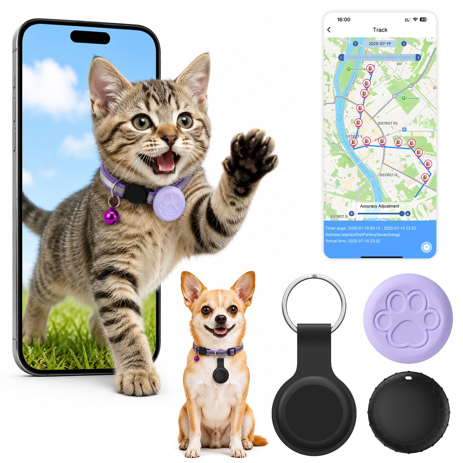 GPS Gatos, Localizador GPS Perros Sin Suscripción, Collar GPS Perros/Gatos Posicionamiento Global en Tiempo Real, Compatible con Sistemas iOS y Android, Collar Ajustable, Resistente al Agua IPX6