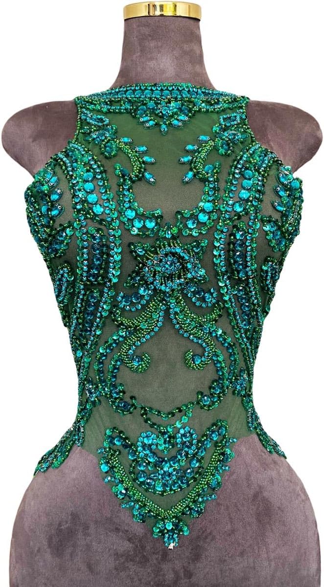 Handmade Beads Rhinestones lace Applique Bodice Patches Trimming sew on Sequins Stones Beads Shining for Wedding Evening Dance Dress Decoration (Deepgreen)