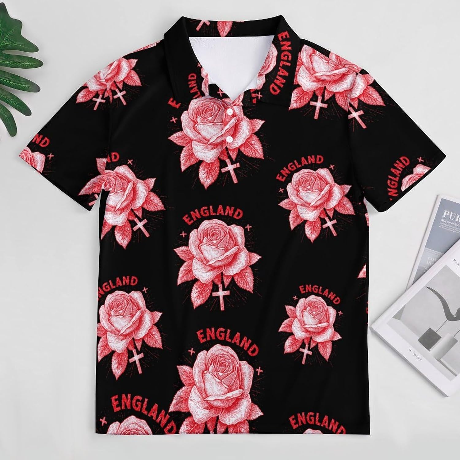 Red Rose England Flag Men's Polo Golf Shirts Collared T-Shirt | short sleeve,three button,quick dry,machine washable,summer tee top