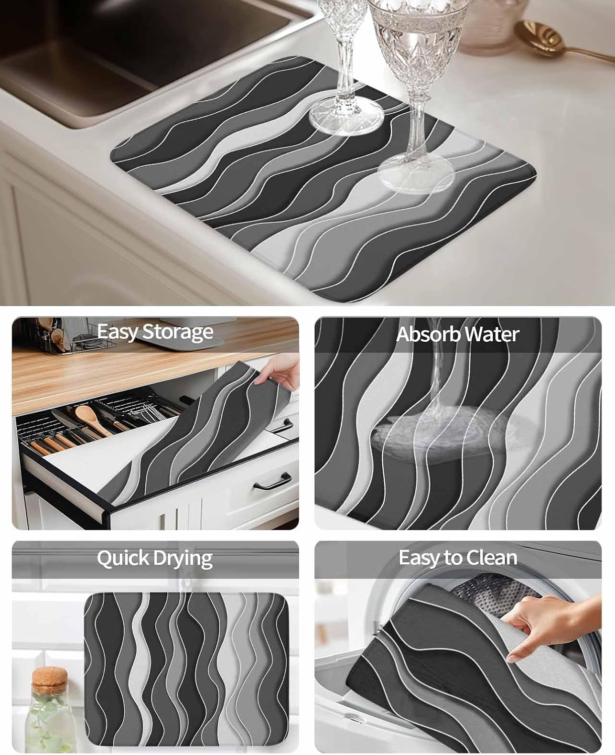 Dish Drying Mat for Kitchen Counter,Gray Gradient Stripe Abstract Geometric Absorbent Microfiber Drainer Rack Pad Water Ripple Art Quick Dry Mat for Sinks Dishes Utensils 18x24in,2 Pack