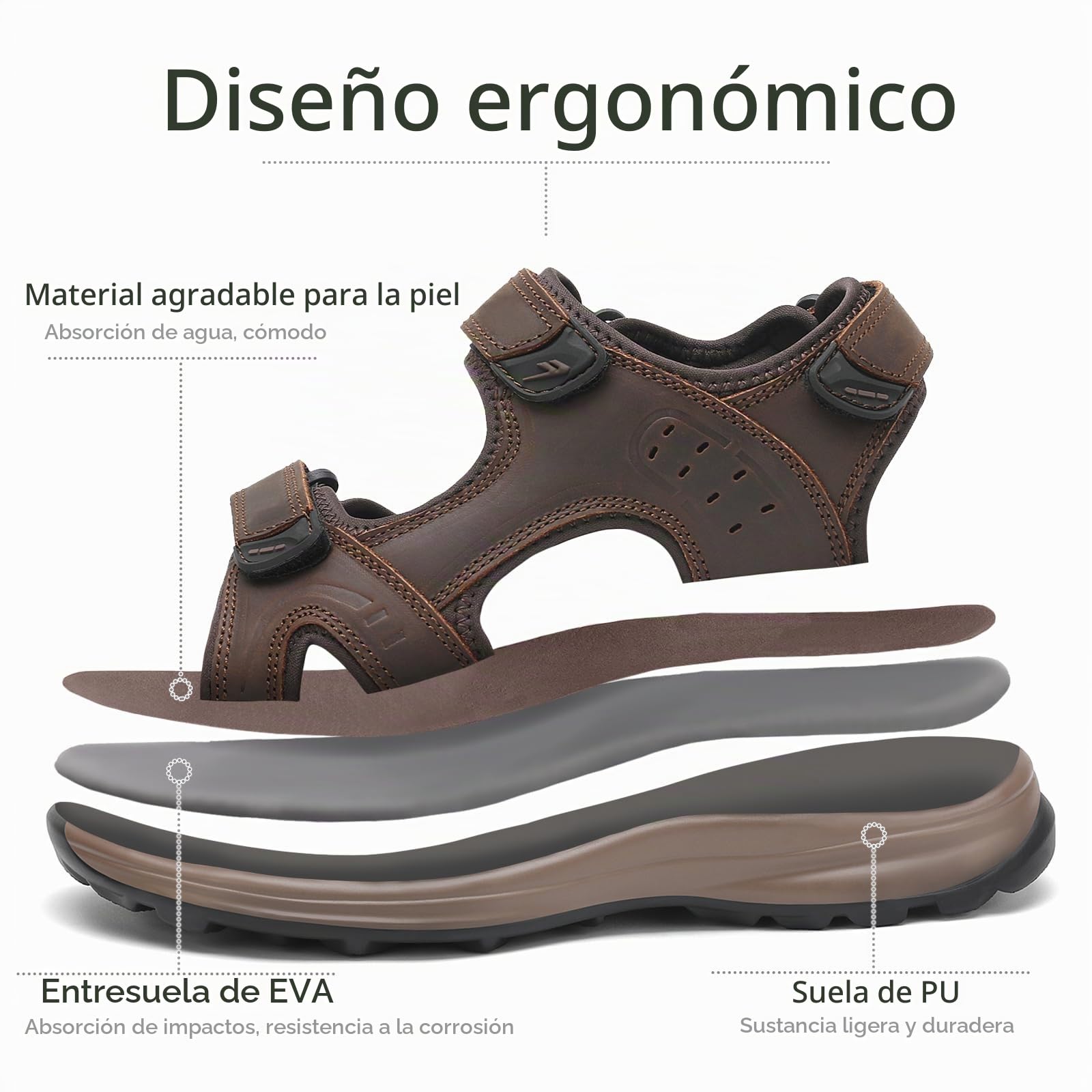 FLARUT Sandalias de los Hombres de Verano Zapatos de Senderismo Trekking Deportes al Aire Libre de Cuero Playa Dedo del Pie Abierto Deportivas Casuales(Marrón Oscuro,44)