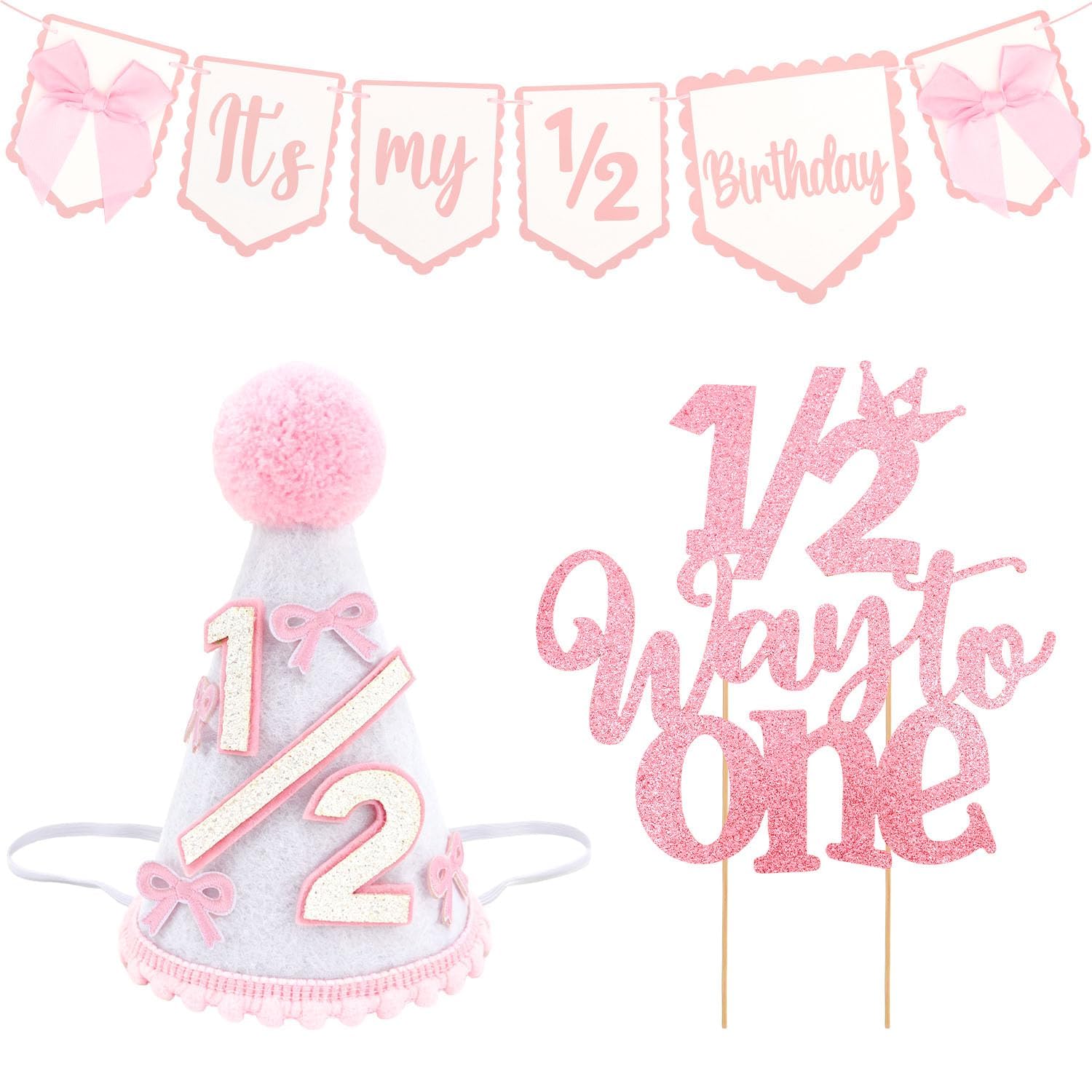 Chivastor 1/2 Birthday Hat Set, Half Birthday Decorations Set for 6 Months Birthday, 1/2 Birthday Decorations Photo Props with Banner and Cake Topper, Party Celebration Accessories
