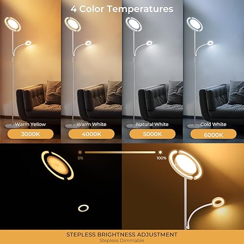 Miniatura 4 de FIMEI Lámpara de pie brillante 3 en 1, luz de pie moderna con anillo giratorio dividido y luz de lectura pequeña, 4 colores regulables, control de 3