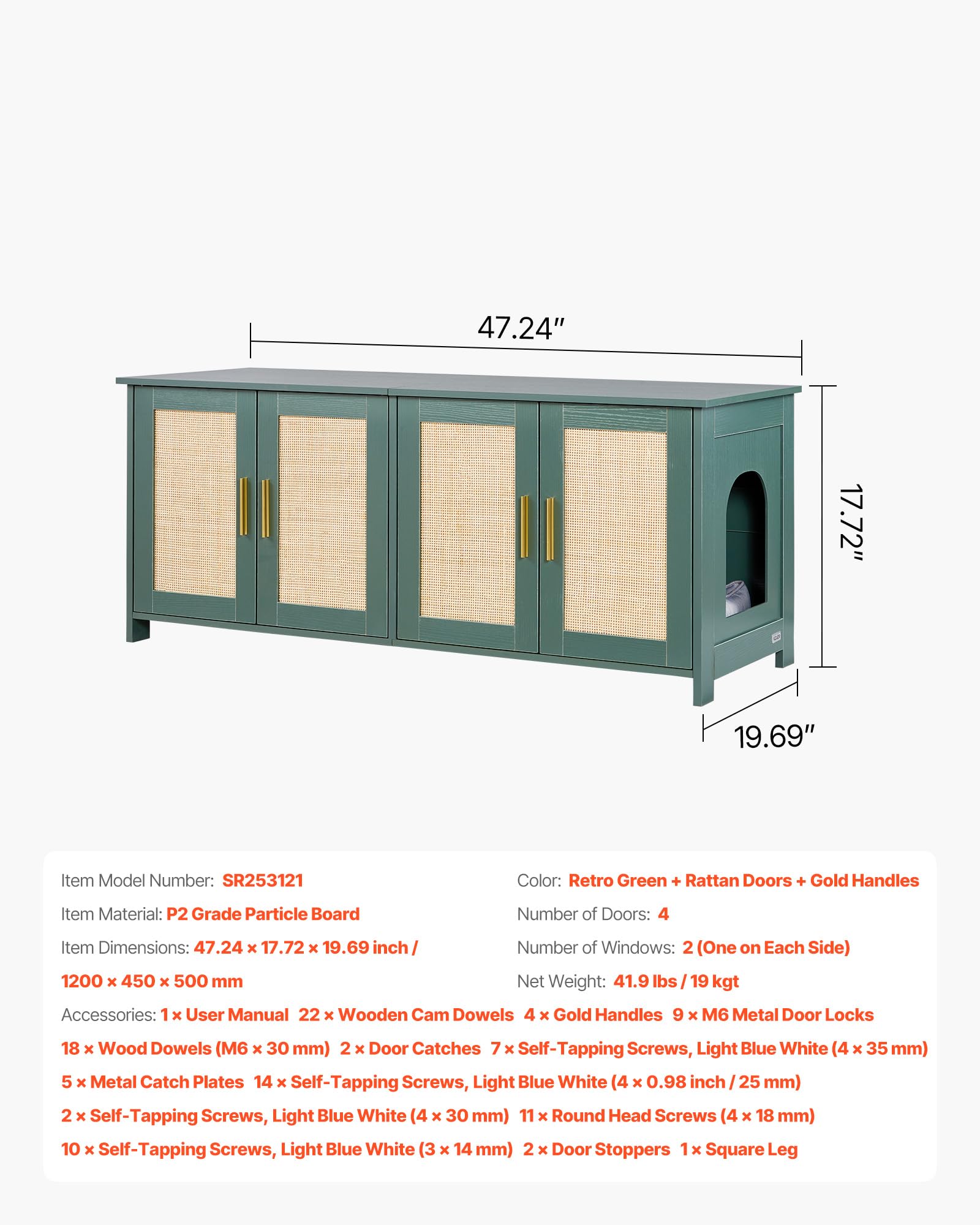 VEVOR Katzenschrank, 1200x450x500 mm, Katzentoilette mit 4 Rattantüren & 2 Eingängen, Katzenklo Schrank für den Innenbereich, Katzenhaus passend für die meisten Katzentoiletten, grün