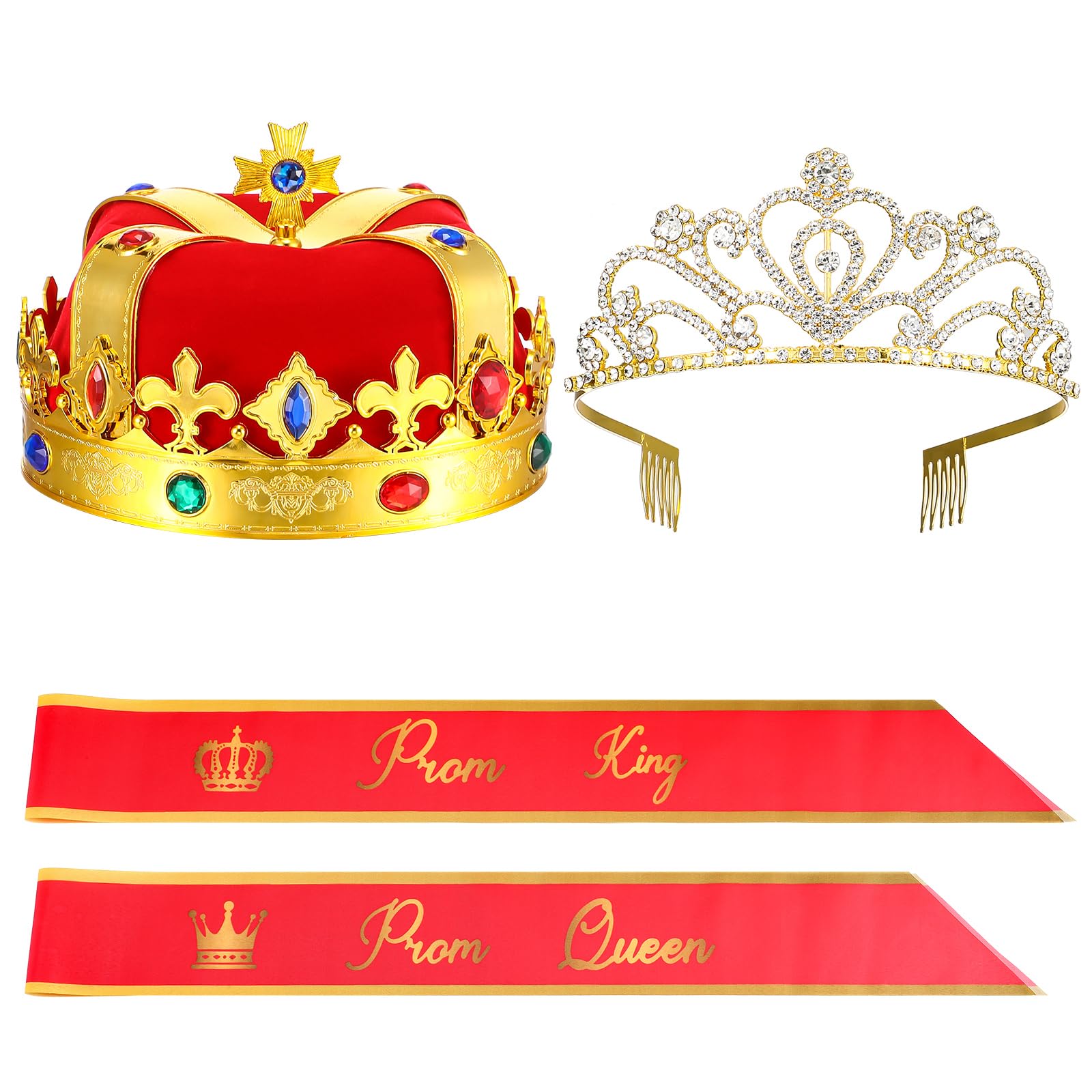 Saintrygo 4 Pcs Prom Crowns and Sashes Set King and Queen Tiara Crowns Satin Sash 80s Party Graduation Wedding Birthday(Red)