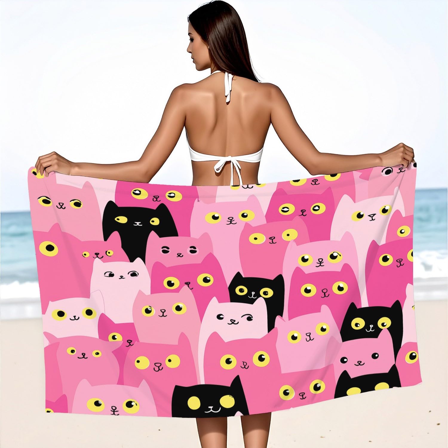 Générique Serviette de Plage Microfibre 200 x 100 CM,Drap de Plage Espiègle, Mignon, Dessin animé, Couverture de Plage Absorbante,Couverture de Bain Chat Rose