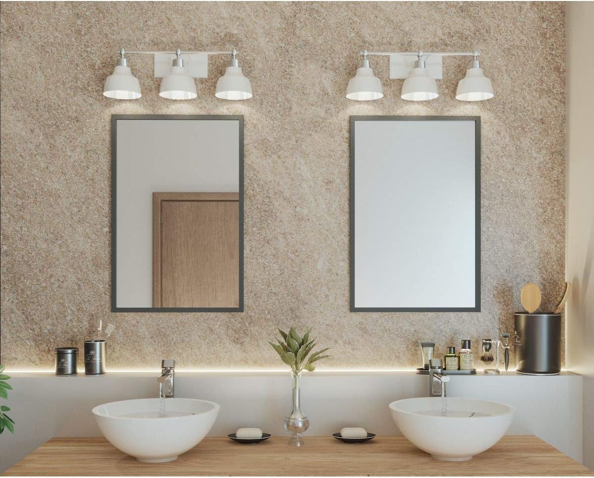 Progress Lighting Bramlett Collection 3-Light White Metal Shade Coastal Bath Vanity Light Polished Chrome, 8.38x24.25x24.25
