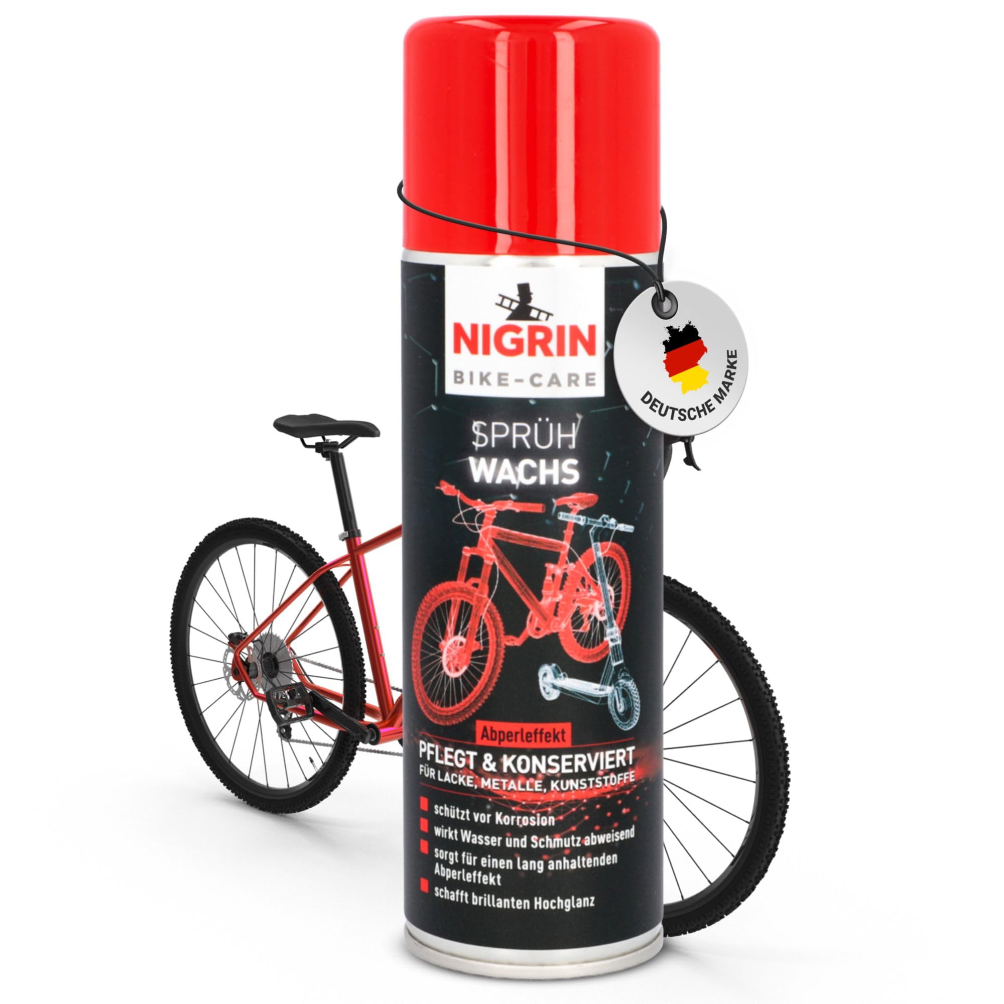 NIGRIN Bike-Care Sprühwachs, Fahrradwachs, 300 ml Sprühdose, bringt brillanten Hochglanz, schützt Lack-, Metall- und Kunststoffoberflächen