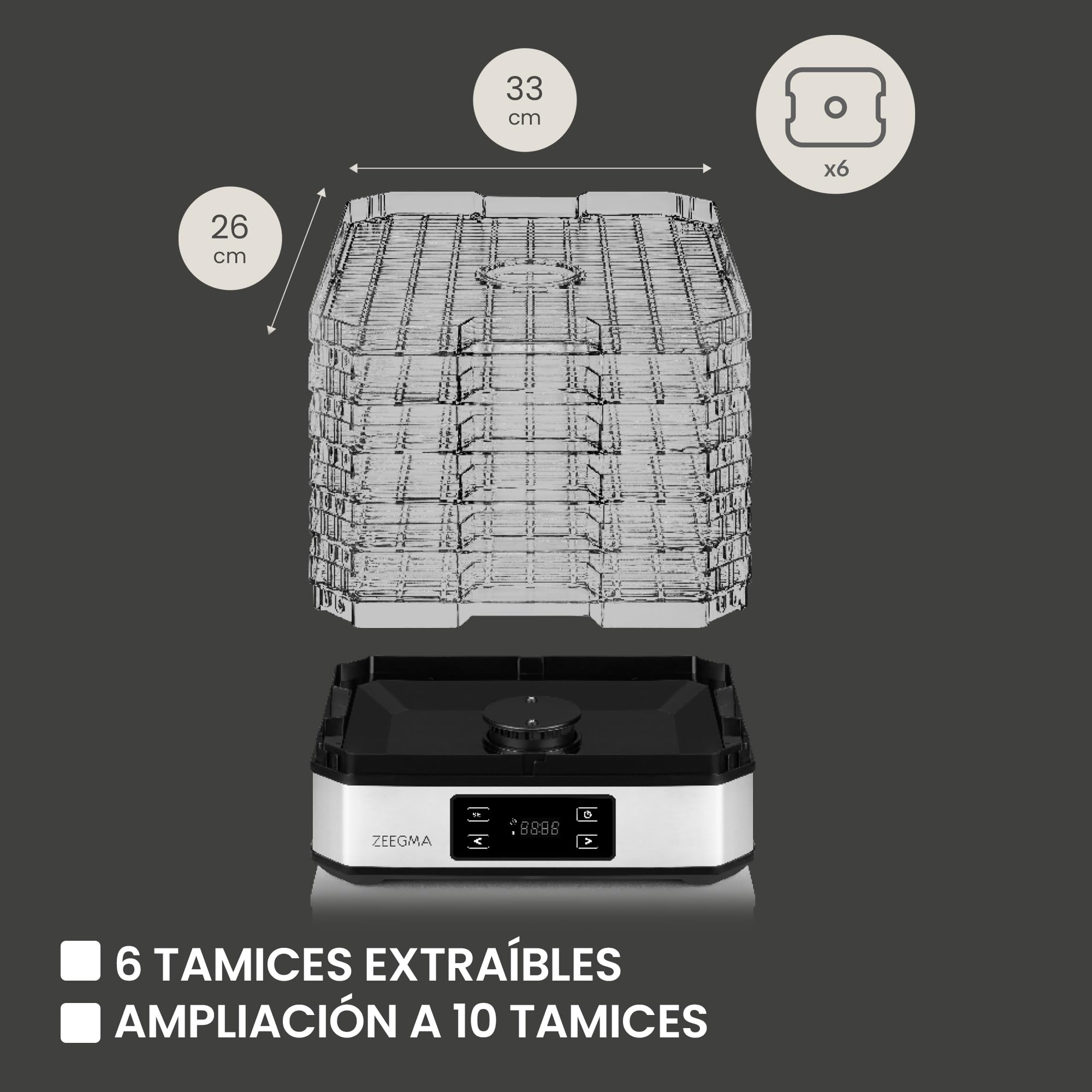 Zeegma Dry Chef - Deshidratador de Alimentos 500W, 6 Bandejas Expansibles, Termostato Ajustable 35-70°C, Temporizador 72h, Sistema de Circulación de Aire, Ideal para Frutas, Verduras, Setas y Carne