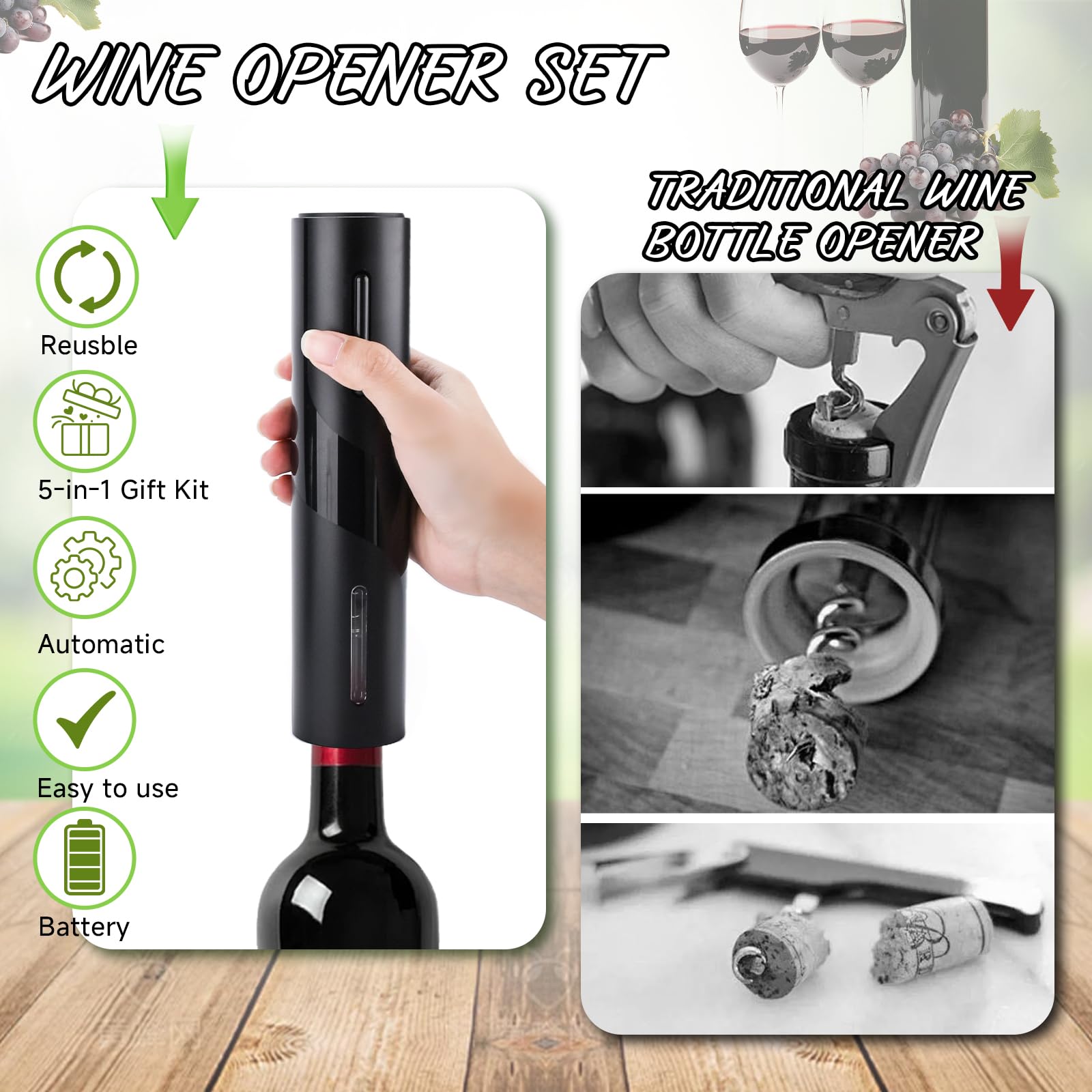 UCAMP 7 in 1 Sacacorchos Eléctrico Abridor de Vino Regalos Originales para Hombre con Abrebotellas, Cortador de Láminas, Tapones de Vacío, Boquilla Vertedora, Tapas de Sellado, Base de Carga y USB