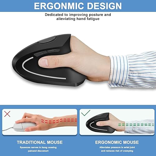 Miniatura 4 de ASOI - Ratón ergonómico inalámbrico, recargable de 2.4 G, inalámbrico, óptico, vertical, ergonómico, 100012001600 DPI, para laptop, escritorio, PC,