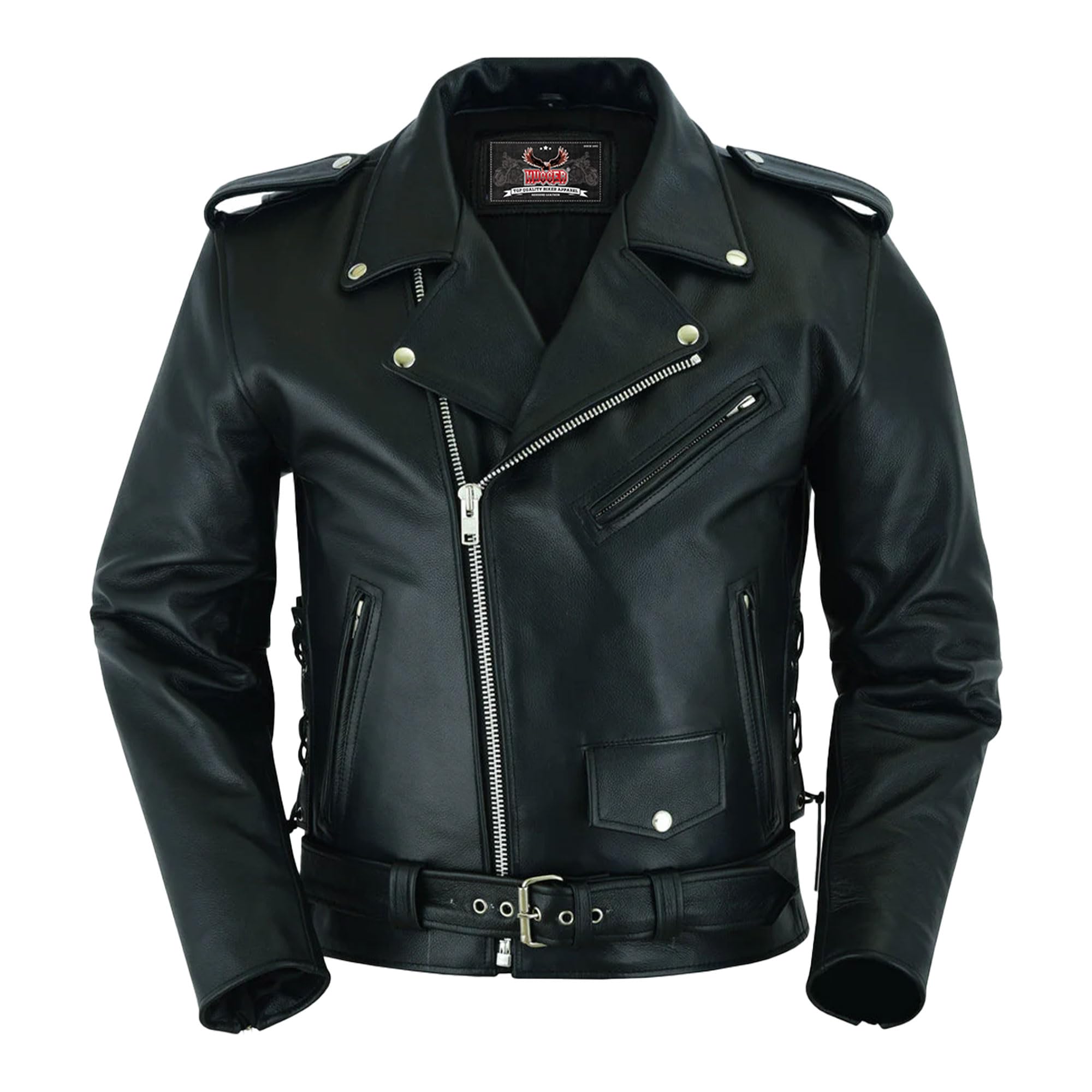 Hugger Men’s Leather Jacket – Premium Classic Style Motorcycle Rider Jacket Inner Liner & Side Laces with Concealment Armory Pocket