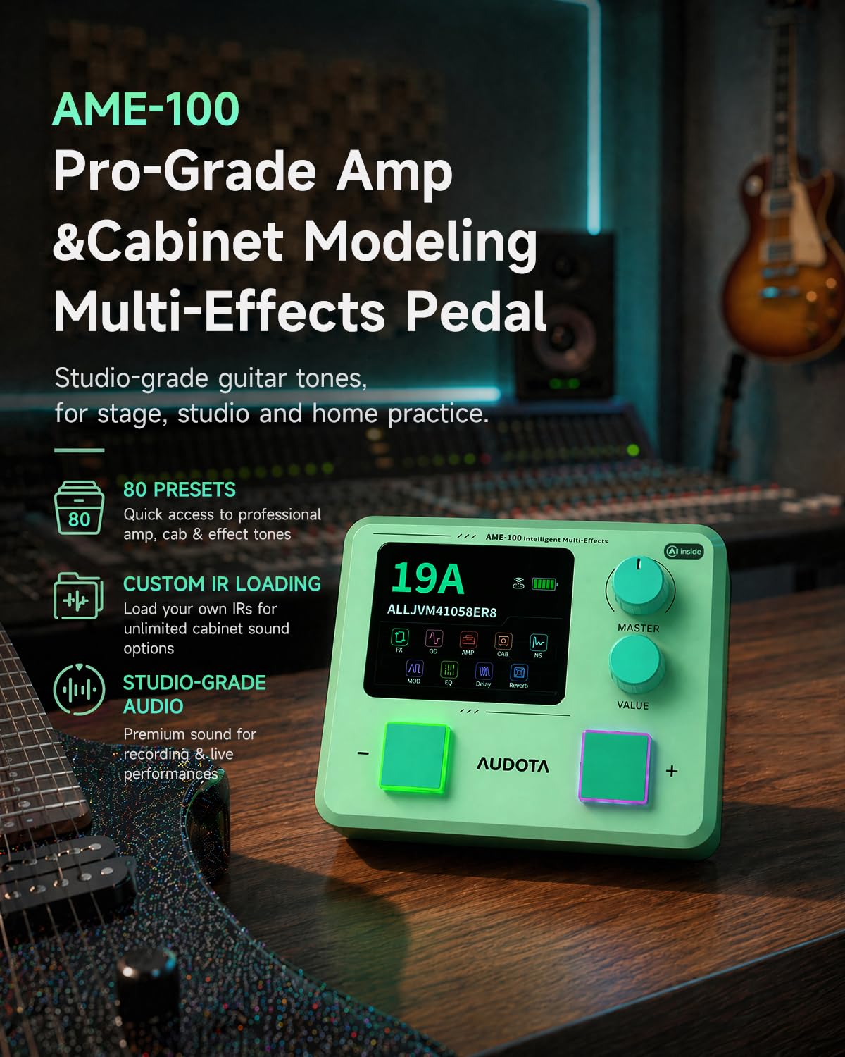 AME‑100 Multi‑FX Prozessor für E-Gitarre – mit KI, 147 Effekte, 55 Amp Models, IR Support