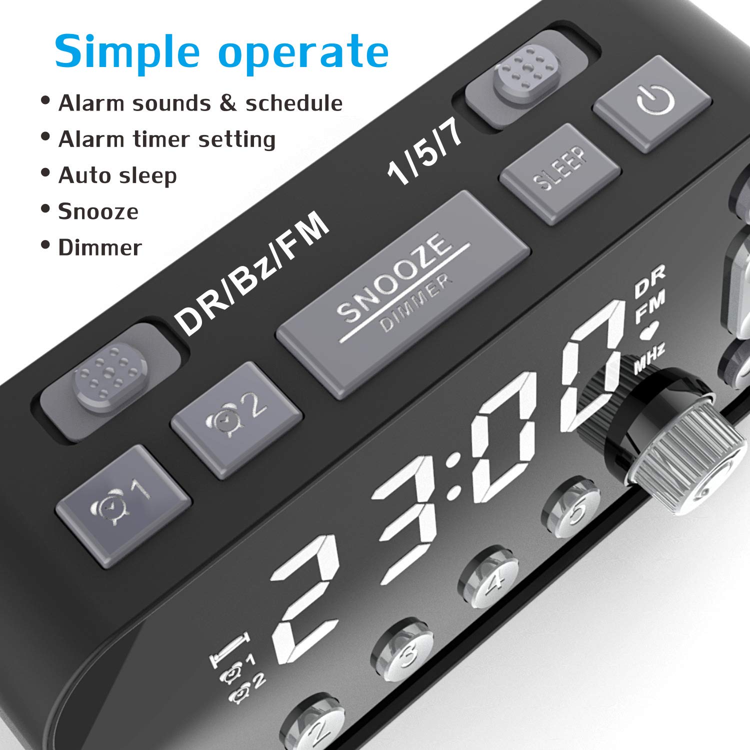 Radio Sveglia da Comodino, Orologio Digitale Radio Dab/FM con Display A LED, Doppia USB, Timer di Spegnimento Radio, Dimmer A 3 Livelli, Impostazione Snooze E Doppia Sveglia