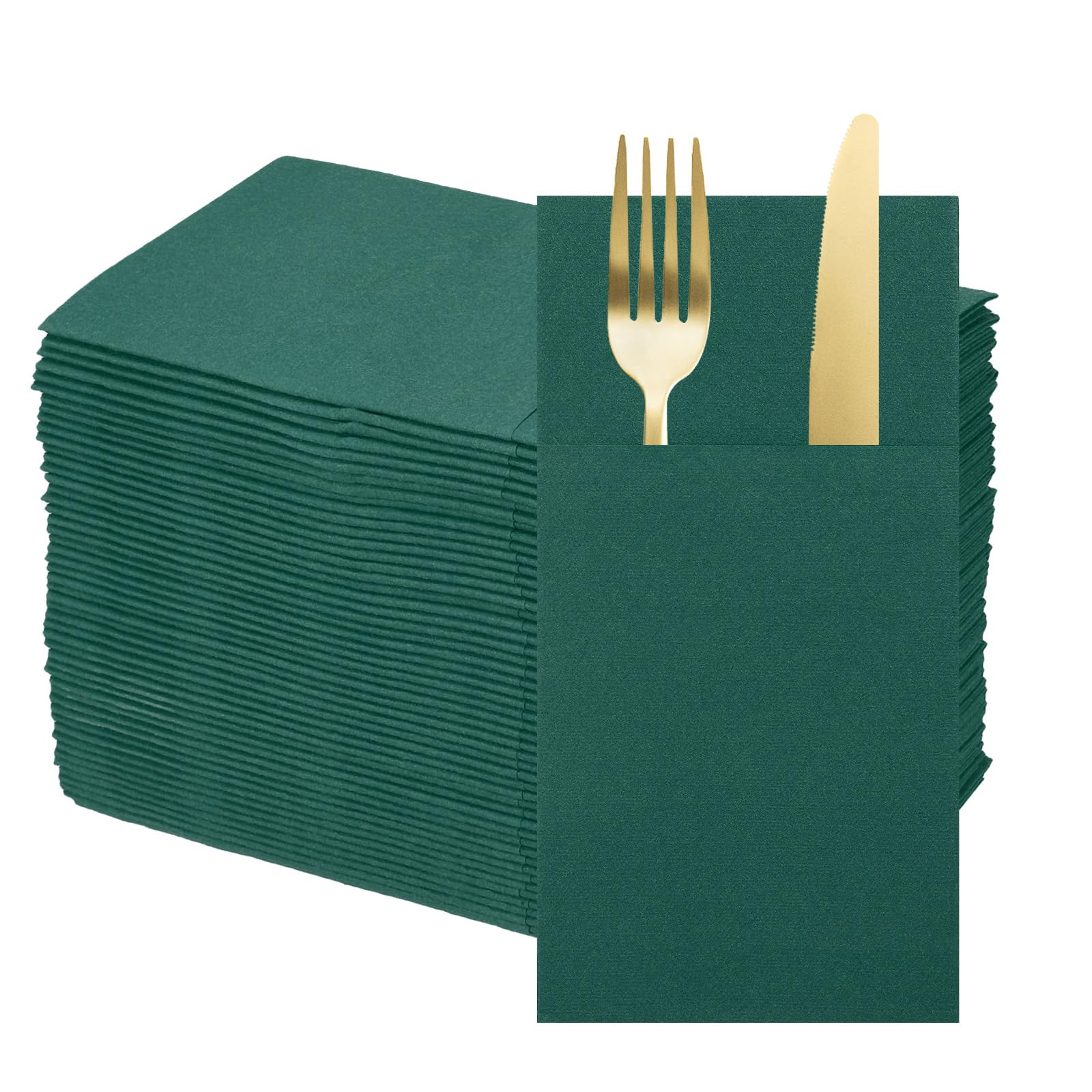 QUARKZMAN 100 Serviettes Jetables En Lin Avec Poches À Couverts Intégrées, Serviettes En Papier Pour Couteaux Et Fourchettes, Essuie-Mains Pour Mariage Dark Green