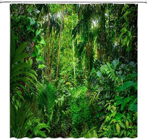 WUASDCS Cortina de ducha de bosque tropical, bosque verde, hojas de palma, paisaje, luz solar, decoración de baño al aire libre, cortinas de tela