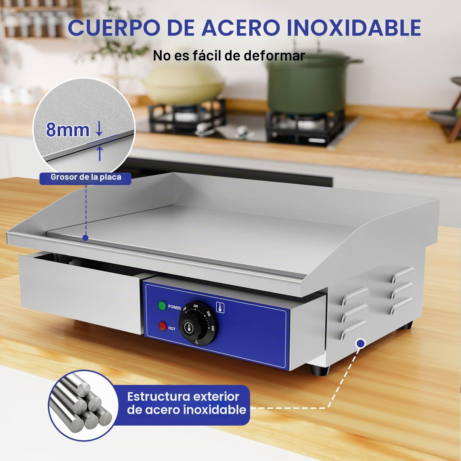 TAIMIKO - Plancha eléctrica profesional de 55 x 35,5 cm, placa de cocción lisa, 2 zonas de cocción 3000 W, plancha comercial para barbacoa de acero inoxidable, parrilla posable con termostato y