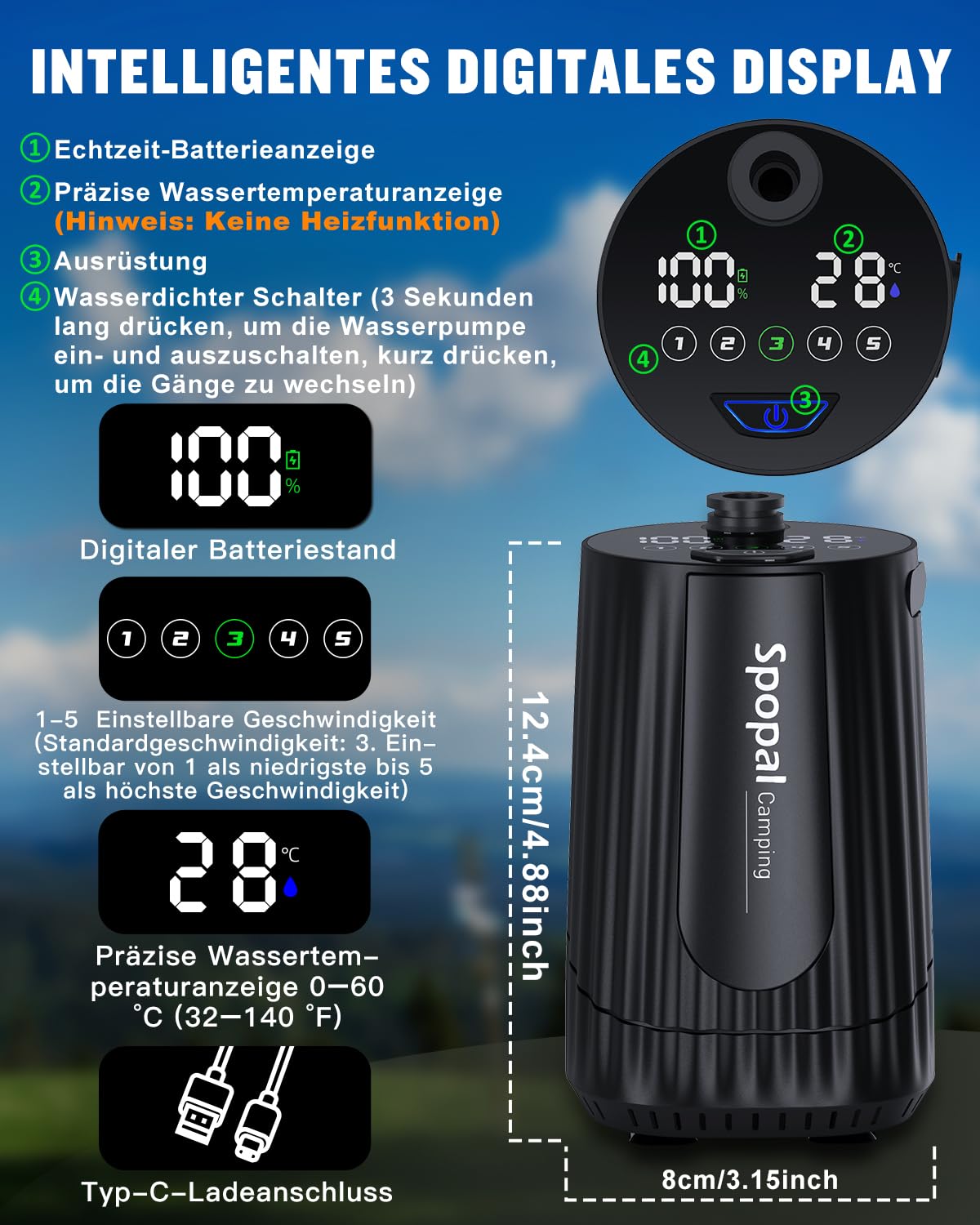 Spopal Camping Dusche 10000mAh Tragbare mit 20L Wasserkanister Akku Outdoor Set Duschkopf 2m Schlauch