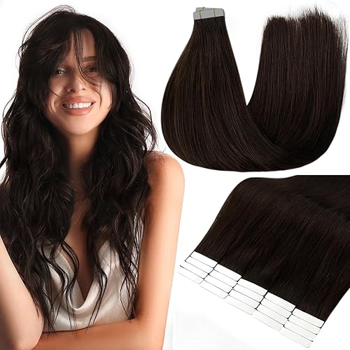 Fshine Extensiones de cabello humano con cinta adhesiva marrón oscuro de 12 pulgadas, color de cabello corto 2, con cinta de doble cara, 1.06oz, 20